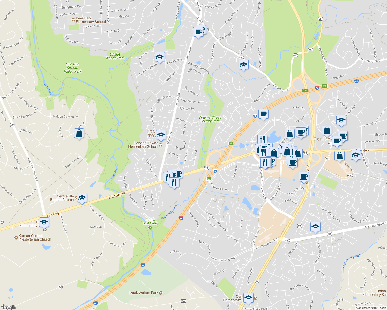 map of restaurants, bars, coffee shops, grocery stores, and more near 6123 Rocky Way Court in Centreville