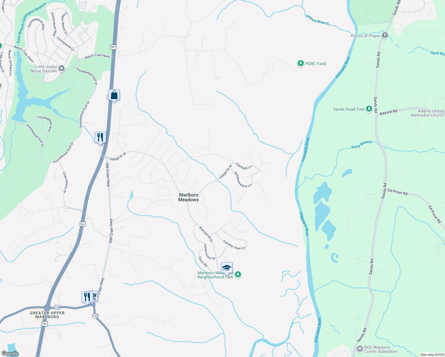 map of restaurants, bars, coffee shops, grocery stores, and more near 17001 Village Drive West in Upper Marlboro