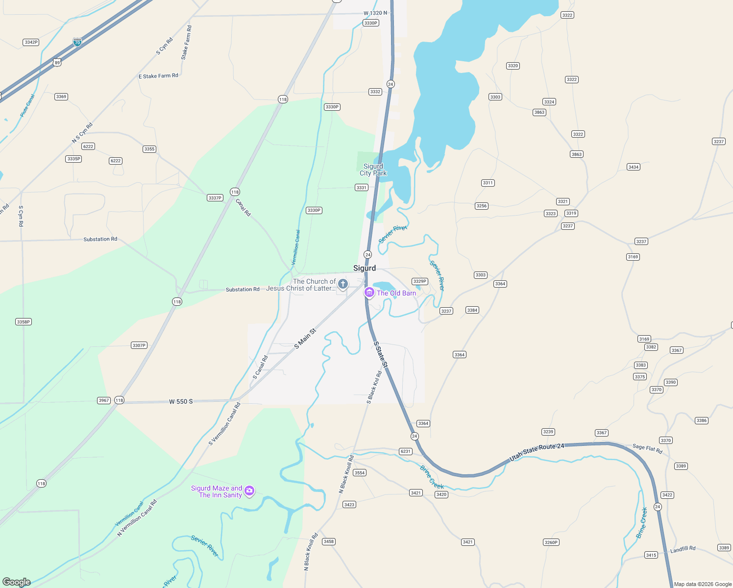 map of restaurants, bars, coffee shops, grocery stores, and more near 88 South State Street in Sigurd