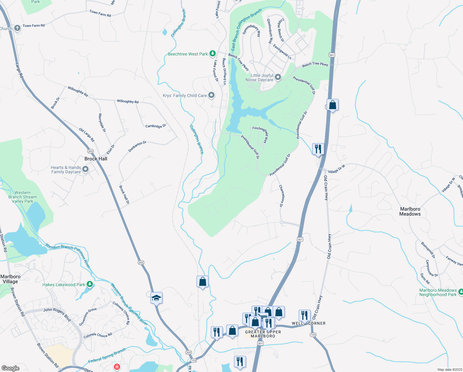 map of restaurants, bars, coffee shops, grocery stores, and more near 3723 Pentland Hills Drive in Upper Marlboro