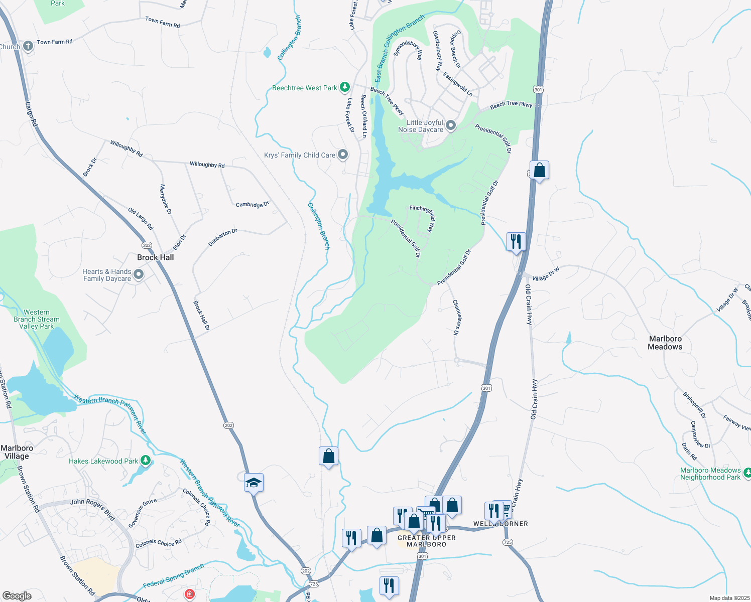 map of restaurants, bars, coffee shops, grocery stores, and more near 3723 Pentland Hills Drive in Upper Marlboro