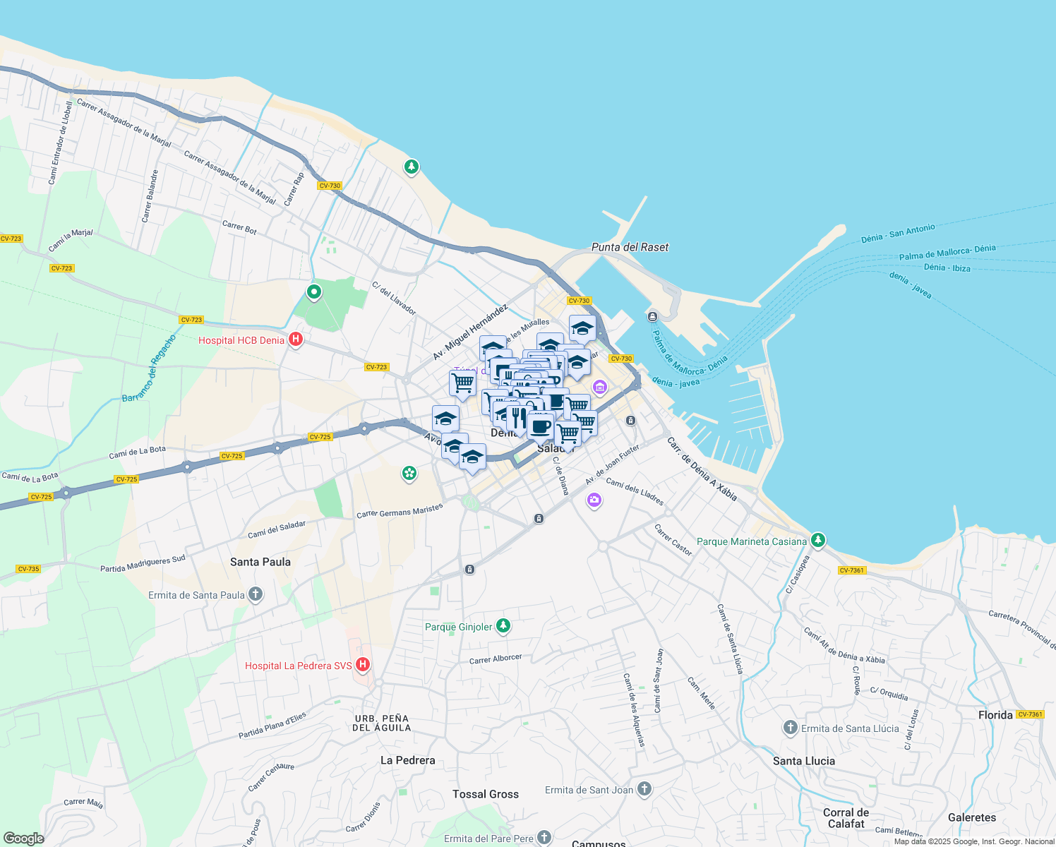 map of restaurants, bars, coffee shops, grocery stores, and more near 20 Carrer Ramón y Cajal in Dénia