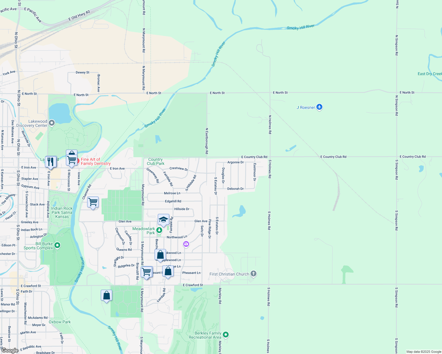 map of restaurants, bars, coffee shops, grocery stores, and more near 110 S Douglas Dr in Salina