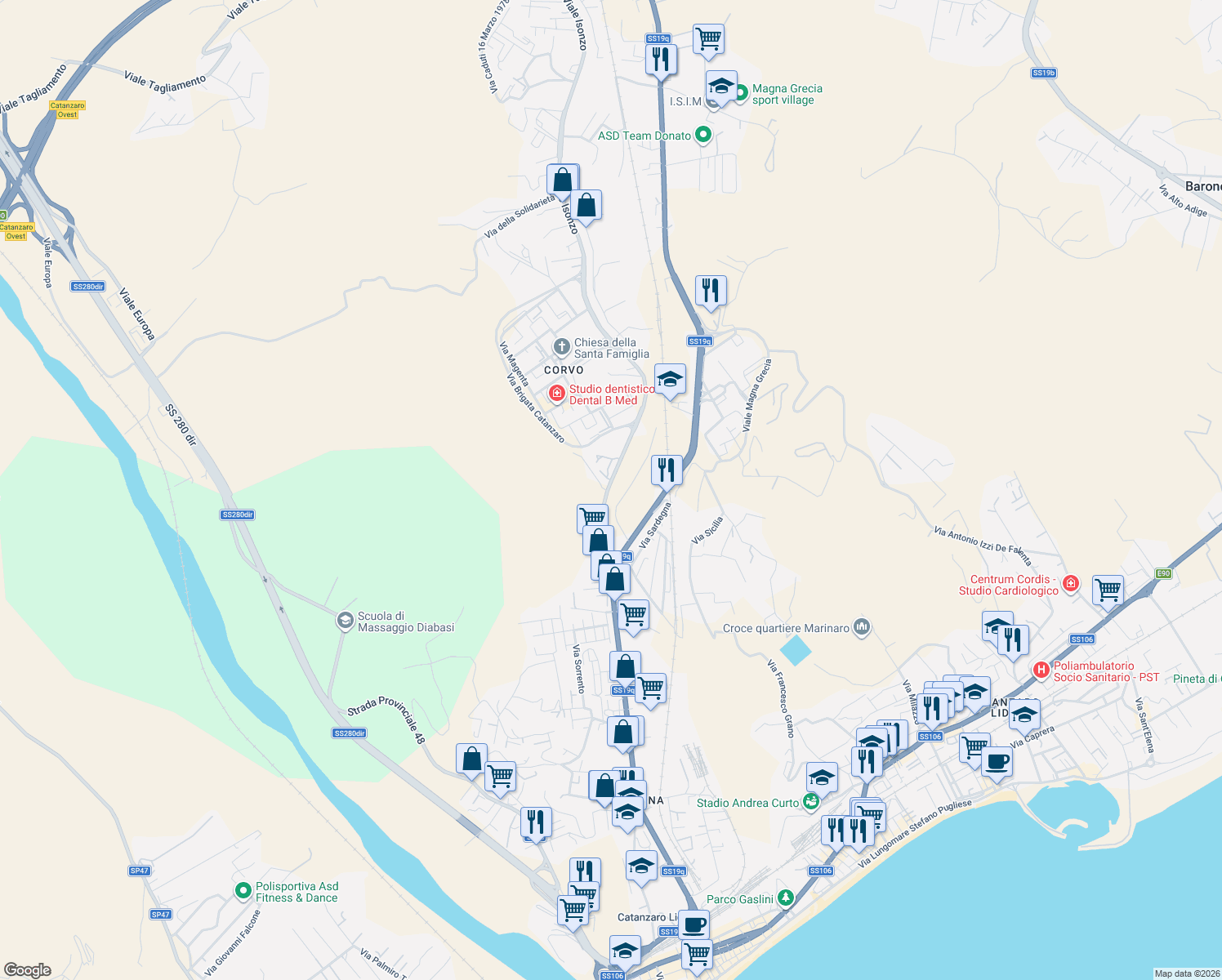 map of restaurants, bars, coffee shops, grocery stores, and more near 43 Viale Isonzo in Catanzaro