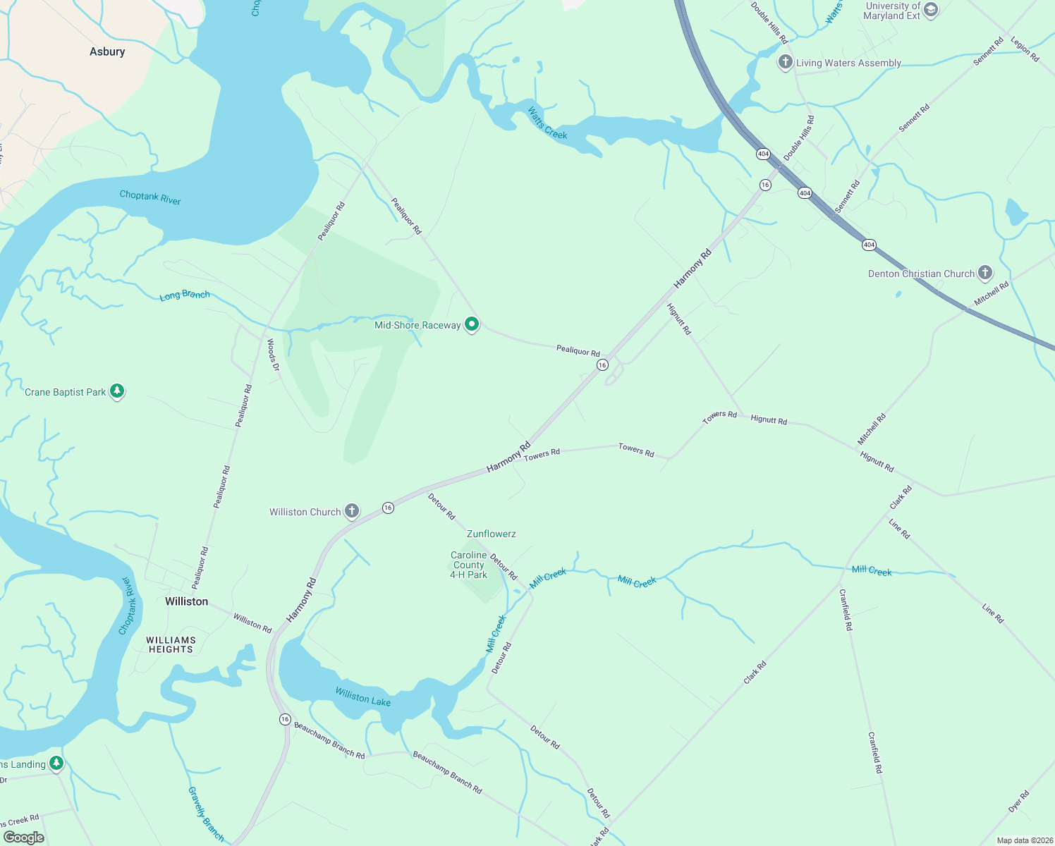 map of restaurants, bars, coffee shops, grocery stores, and more near 8416 Harmony Road in Denton