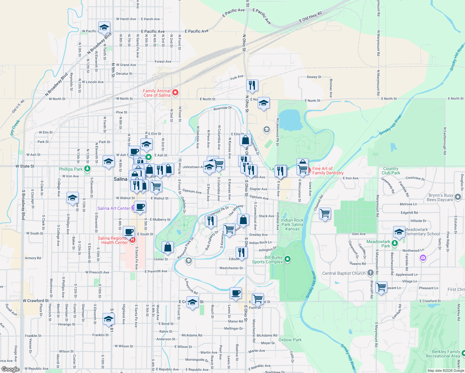 map of restaurants, bars, coffee shops, grocery stores, and more near 125 South Kansas Avenue in Salina