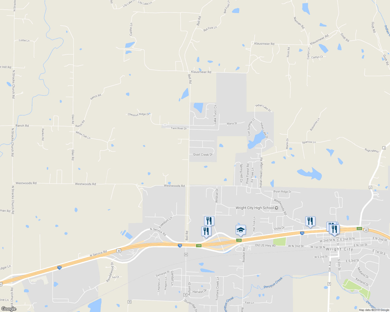 map of restaurants, bars, coffee shops, grocery stores, and more near 160 Quail Creek Drive in Wright City