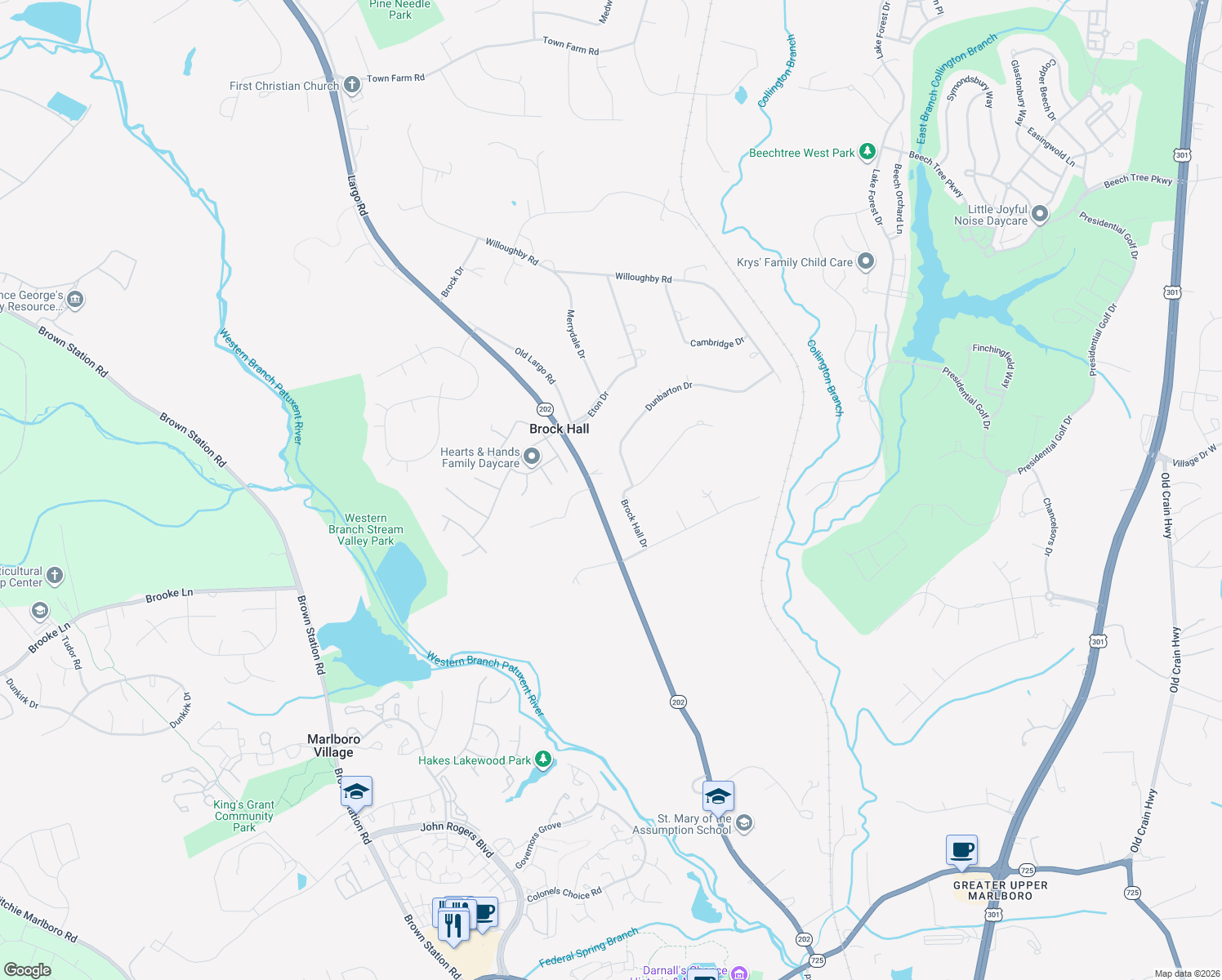 map of restaurants, bars, coffee shops, grocery stores, and more near 14516 Brock Hall Drive in Upper Marlboro