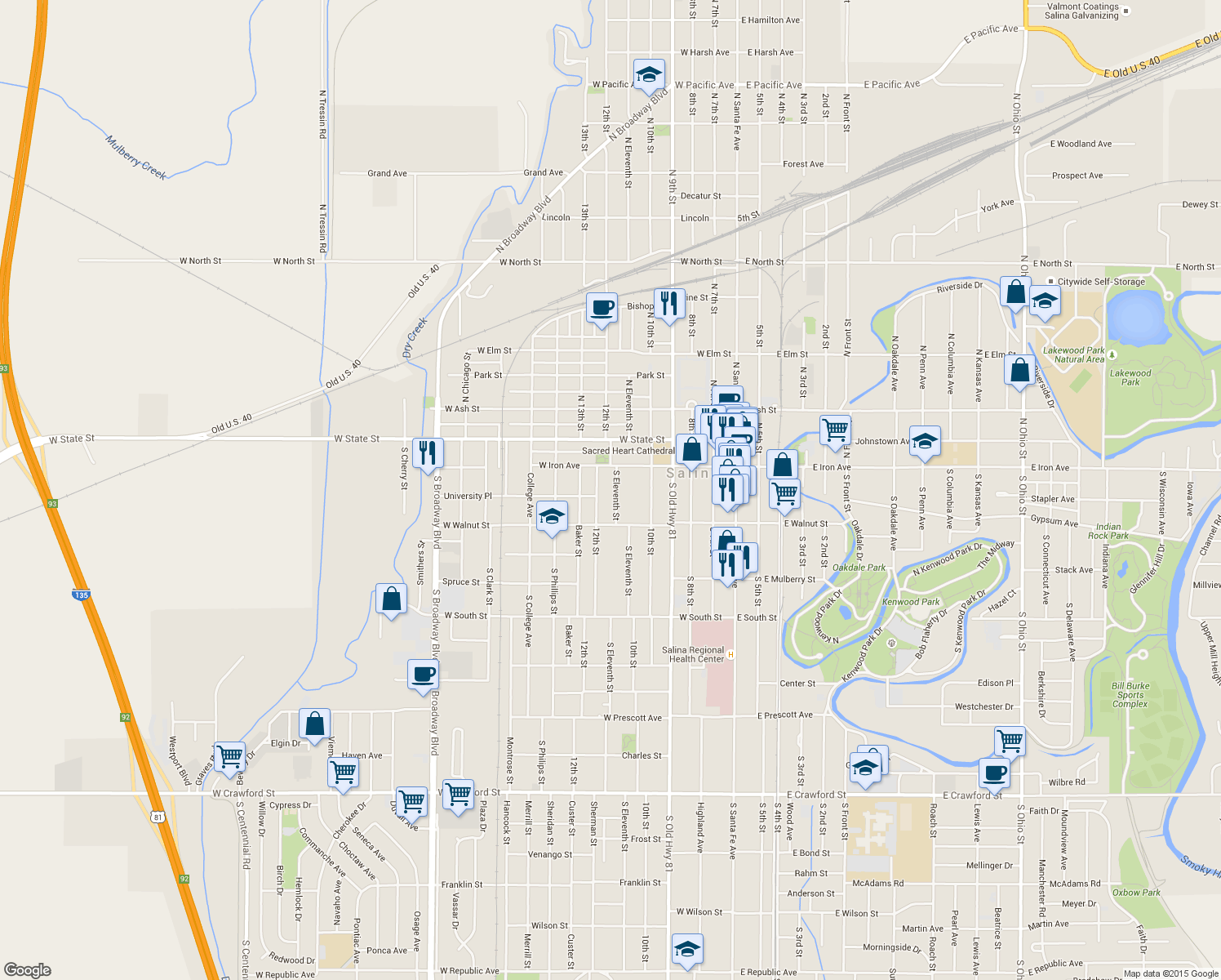 map of restaurants, bars, coffee shops, grocery stores, and more near 126 S 11th St in Salina