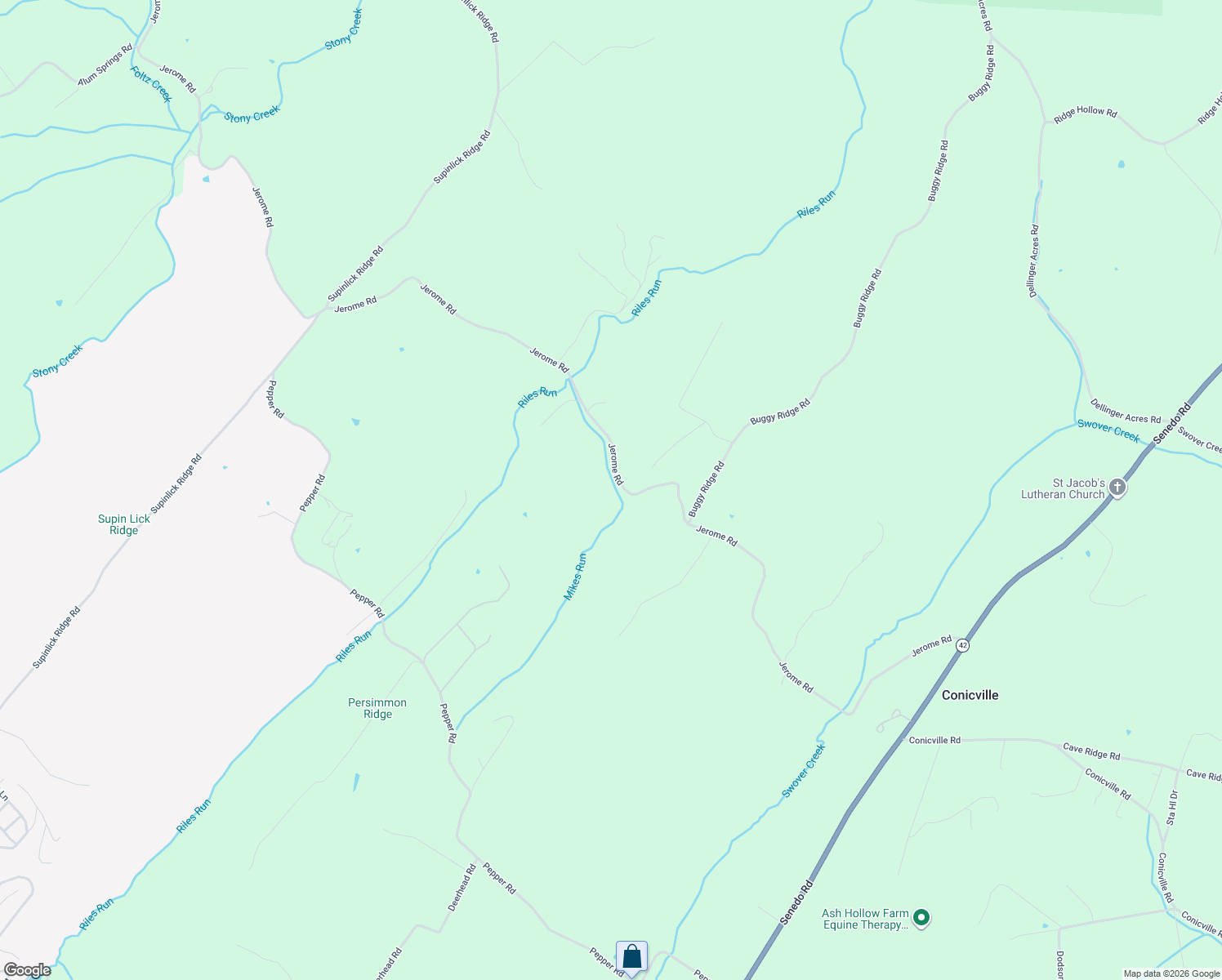 map of restaurants, bars, coffee shops, grocery stores, and more near Jerome Road in Mount Jackson