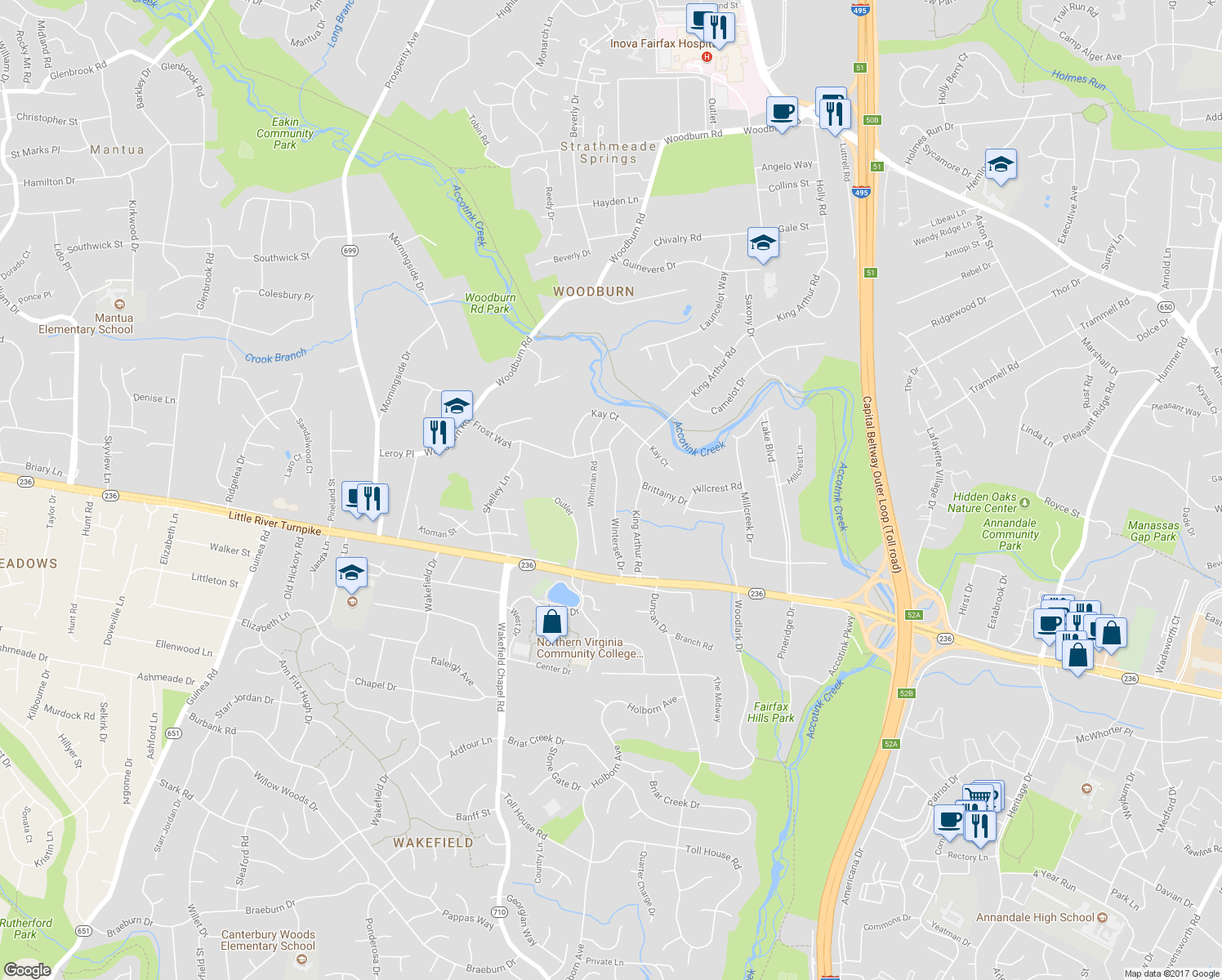map of restaurants, bars, coffee shops, grocery stores, and more near 3900 Winterset Drive in Annandale
