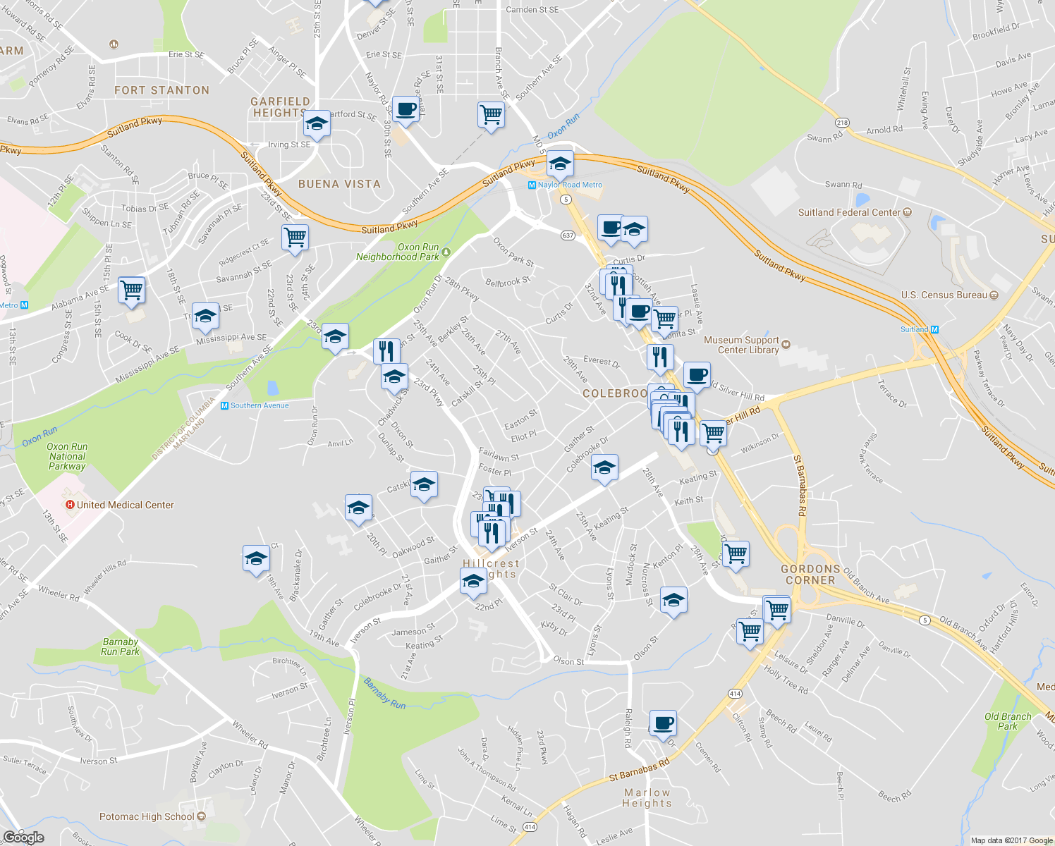 map of restaurants, bars, coffee shops, grocery stores, and more near 2513 Easton Street in Temple Hills
