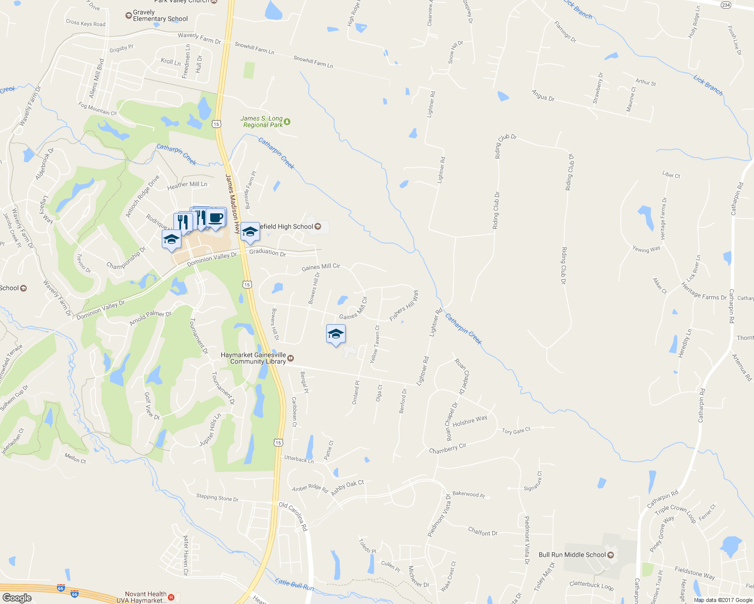 map of restaurants, bars, coffee shops, grocery stores, and more near 5610 Garnetts Farm Drive in Haymarket