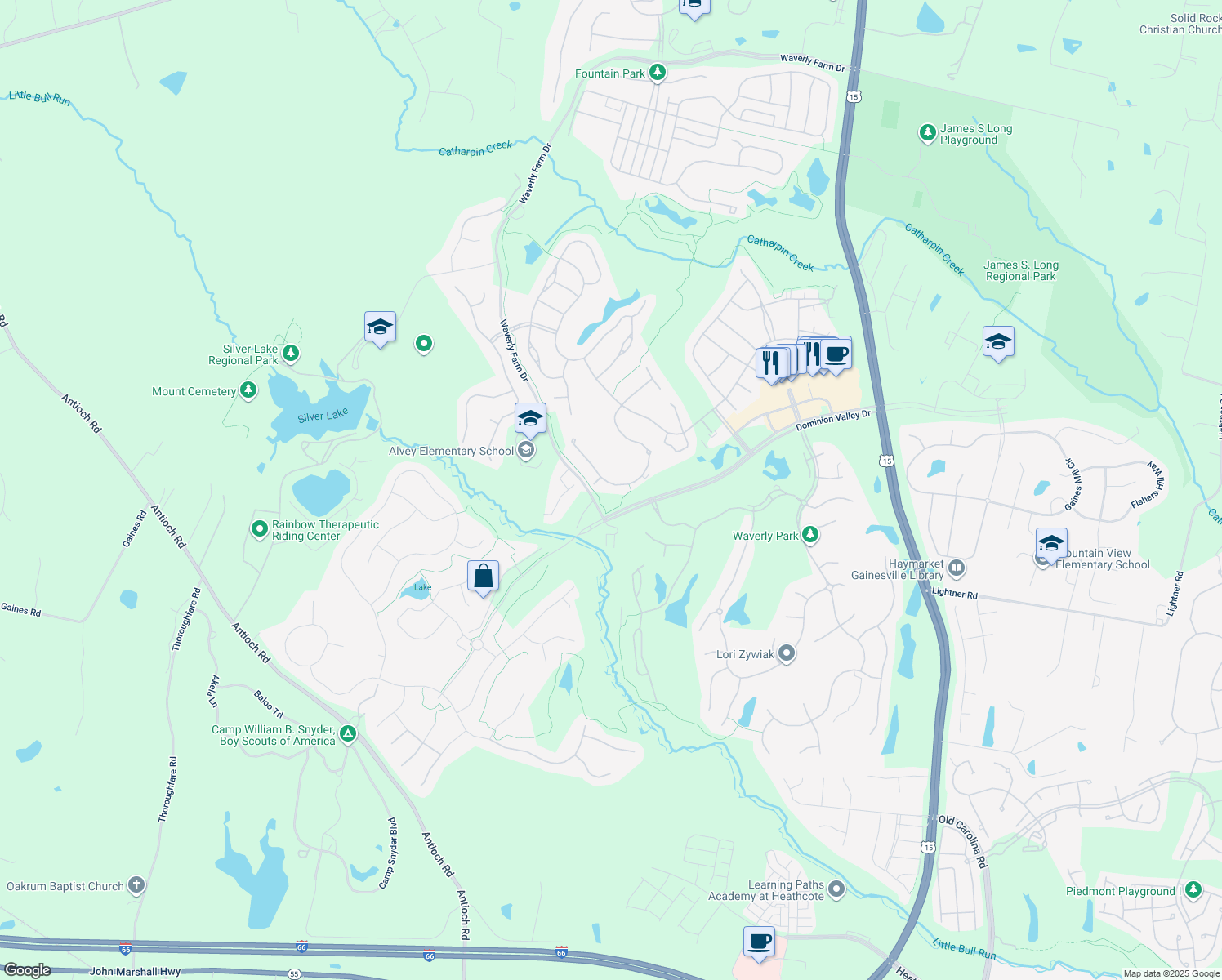 map of restaurants, bars, coffee shops, grocery stores, and more near 5419 Trevino Drive in Haymarket