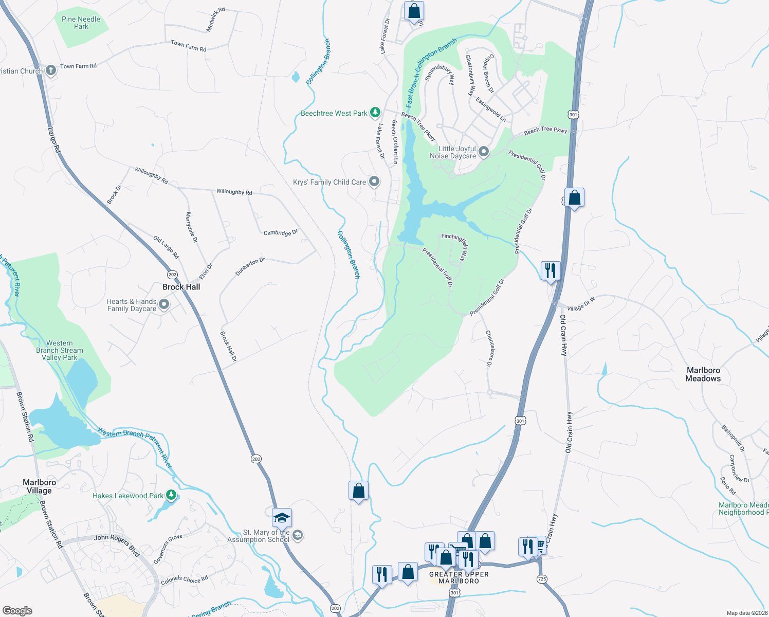 map of restaurants, bars, coffee shops, grocery stores, and more near 3400 Winterbourne Drive in Upper Marlboro