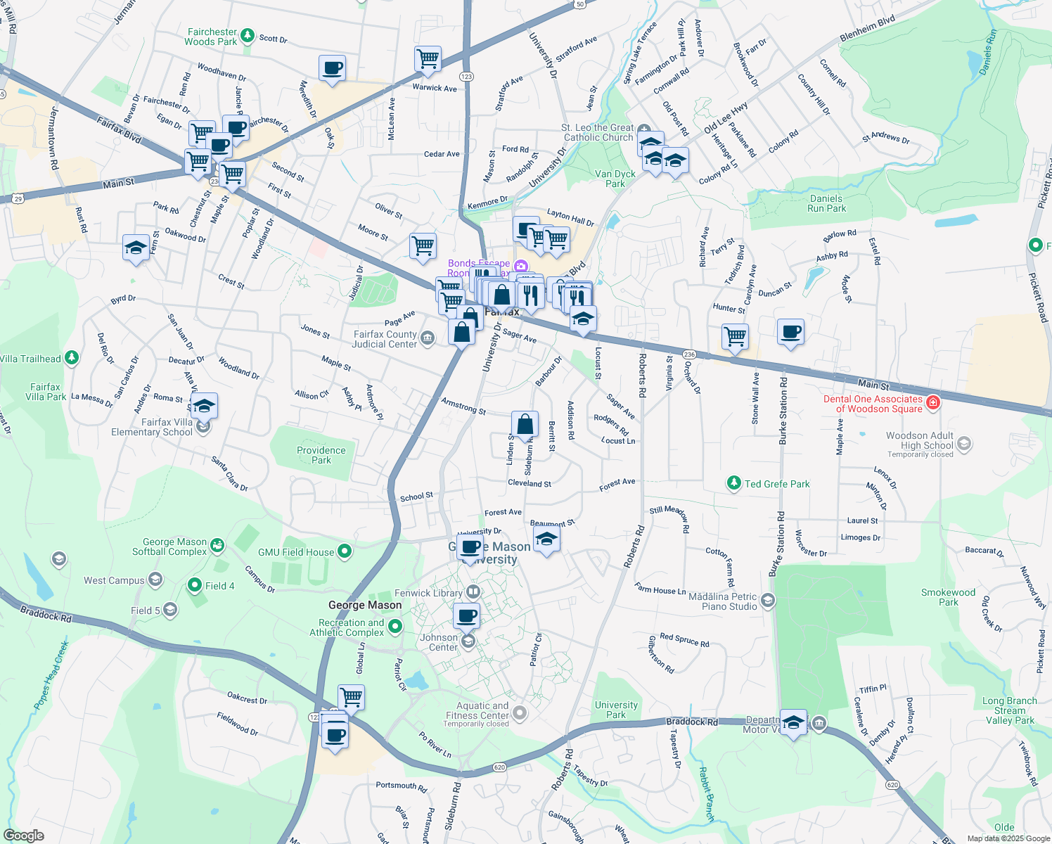map of restaurants, bars, coffee shops, grocery stores, and more near 4200 Sideburn Road in Fairfax
