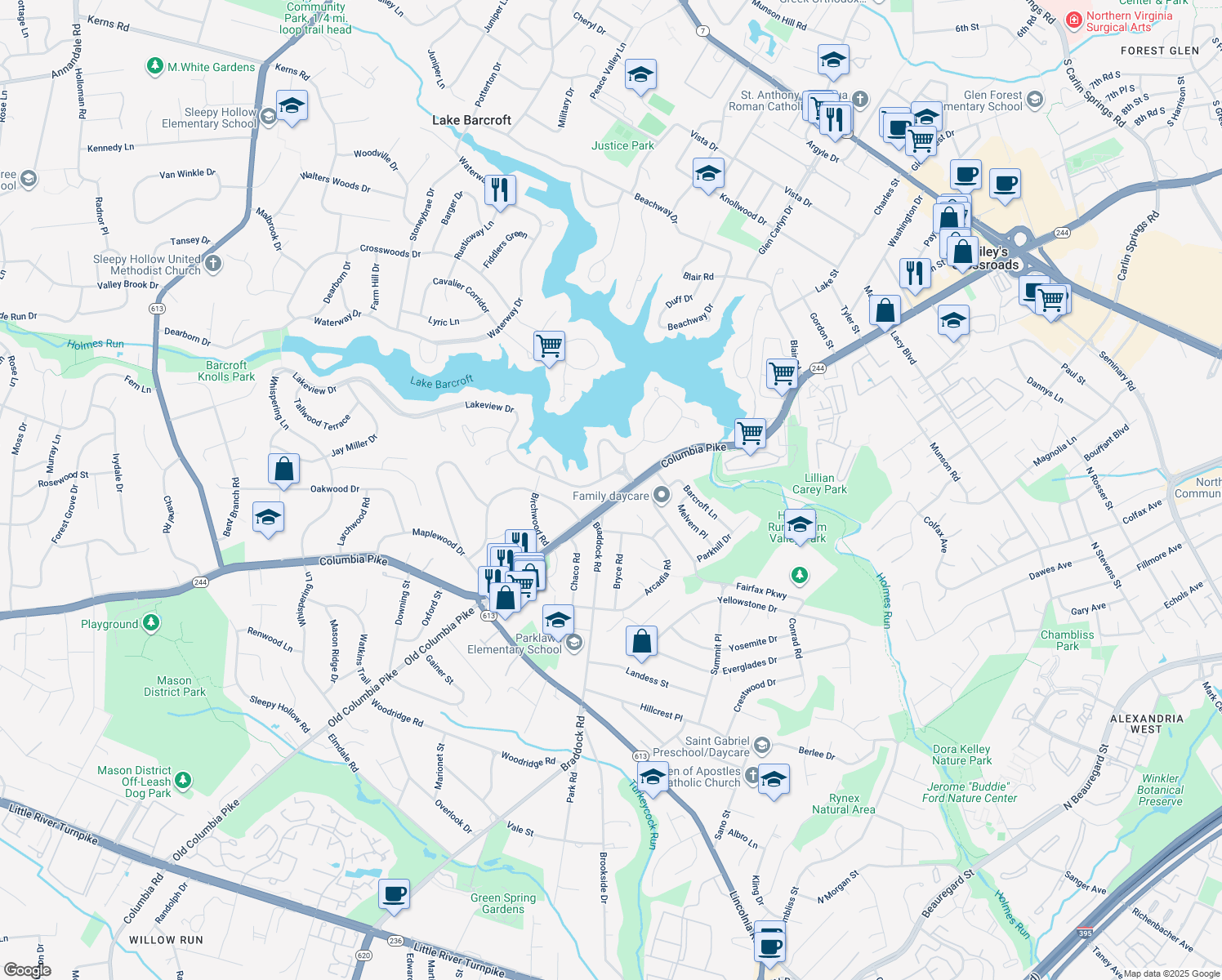 map of restaurants, bars, coffee shops, grocery stores, and more near 6306 Columbia Pike in Falls Church