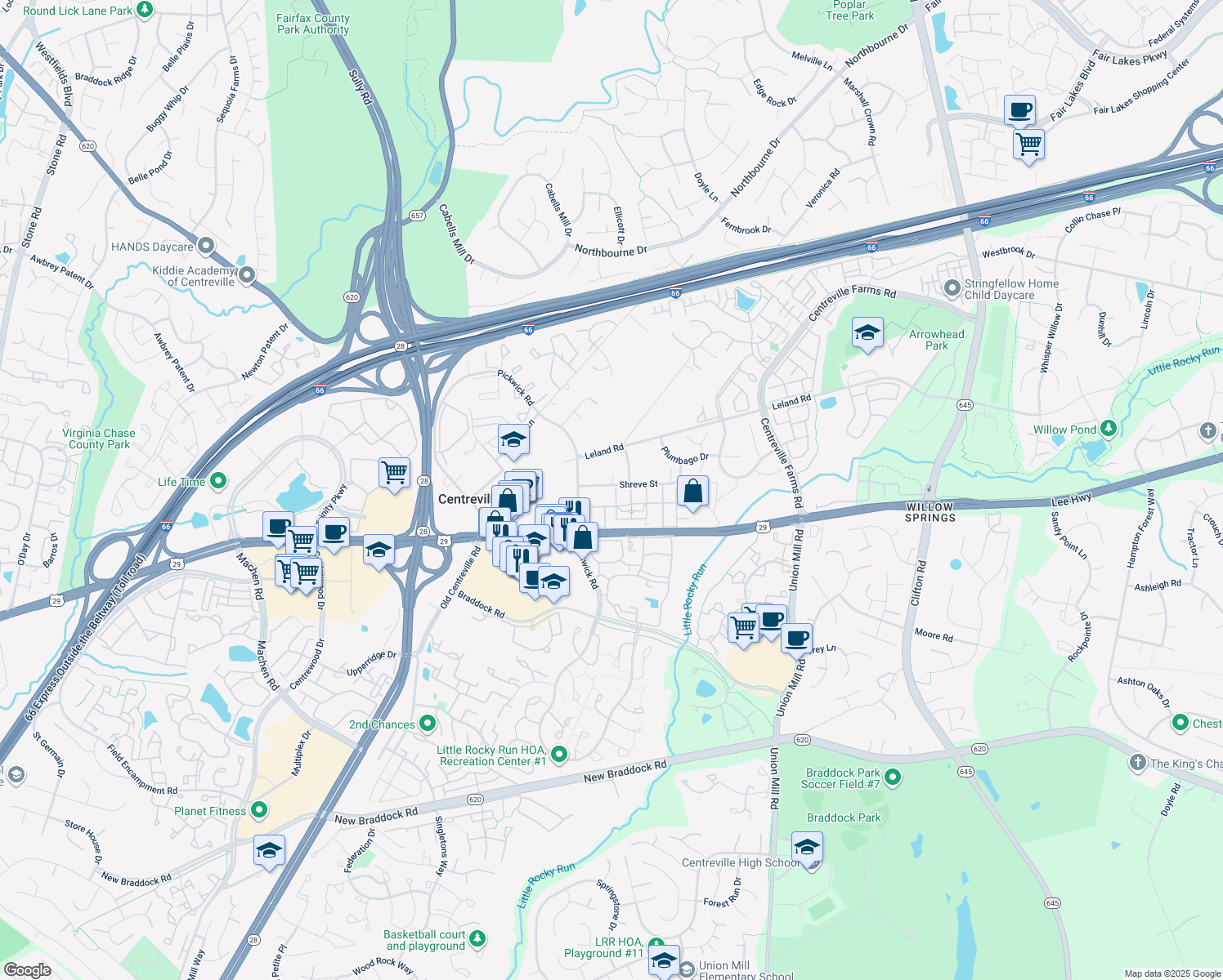map of restaurants, bars, coffee shops, grocery stores, and more near 5600 Lierman Circle in Centreville