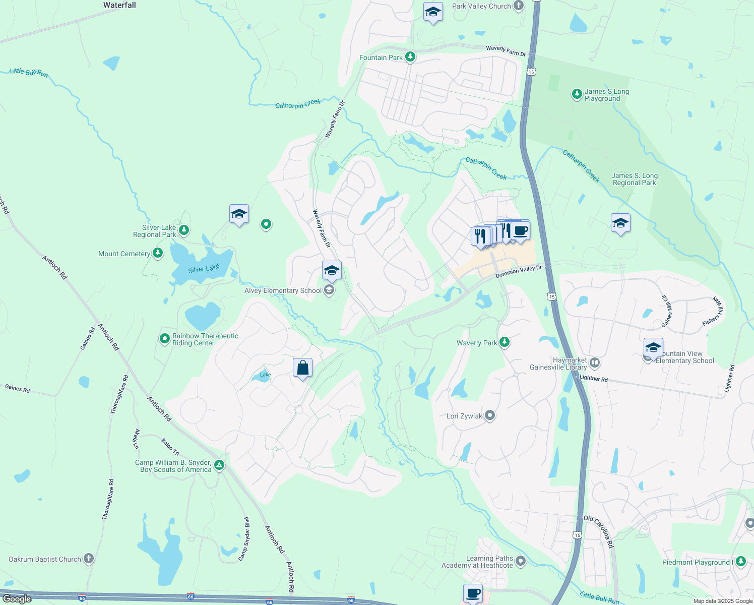 map of restaurants, bars, coffee shops, grocery stores, and more near 5434 Trevino Drive in Haymarket