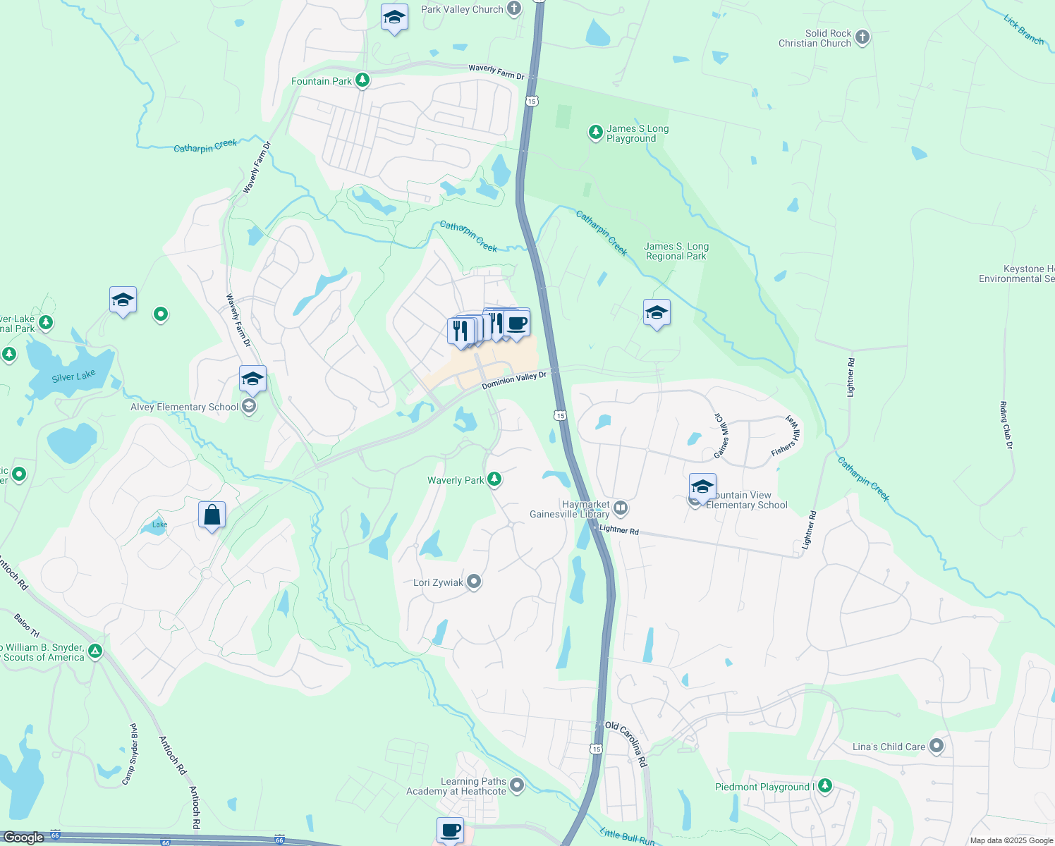 map of restaurants, bars, coffee shops, grocery stores, and more near 15052 Doral Place in Haymarket