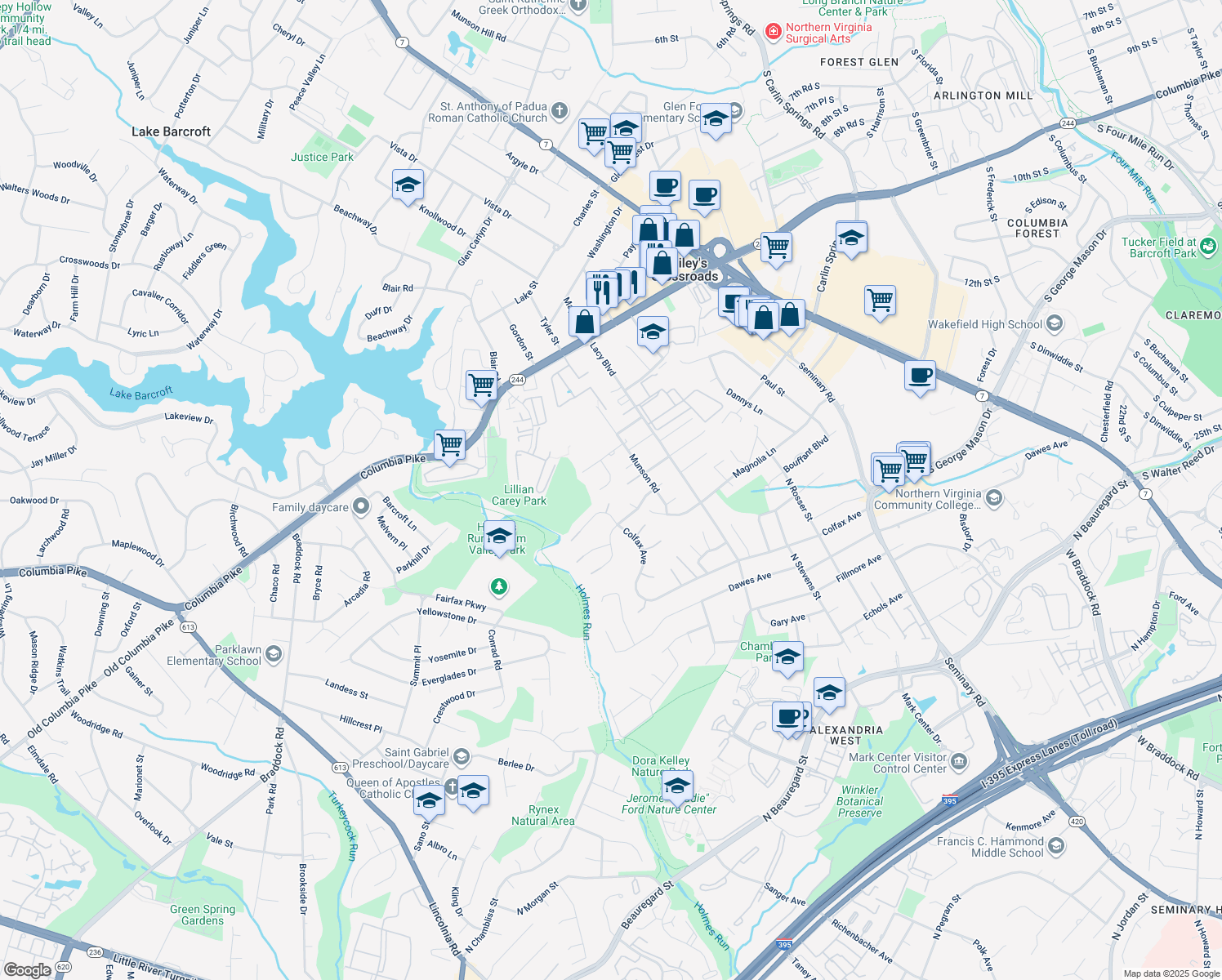 map of restaurants, bars, coffee shops, grocery stores, and more near 3811 Bell Manor Court in Falls Church
