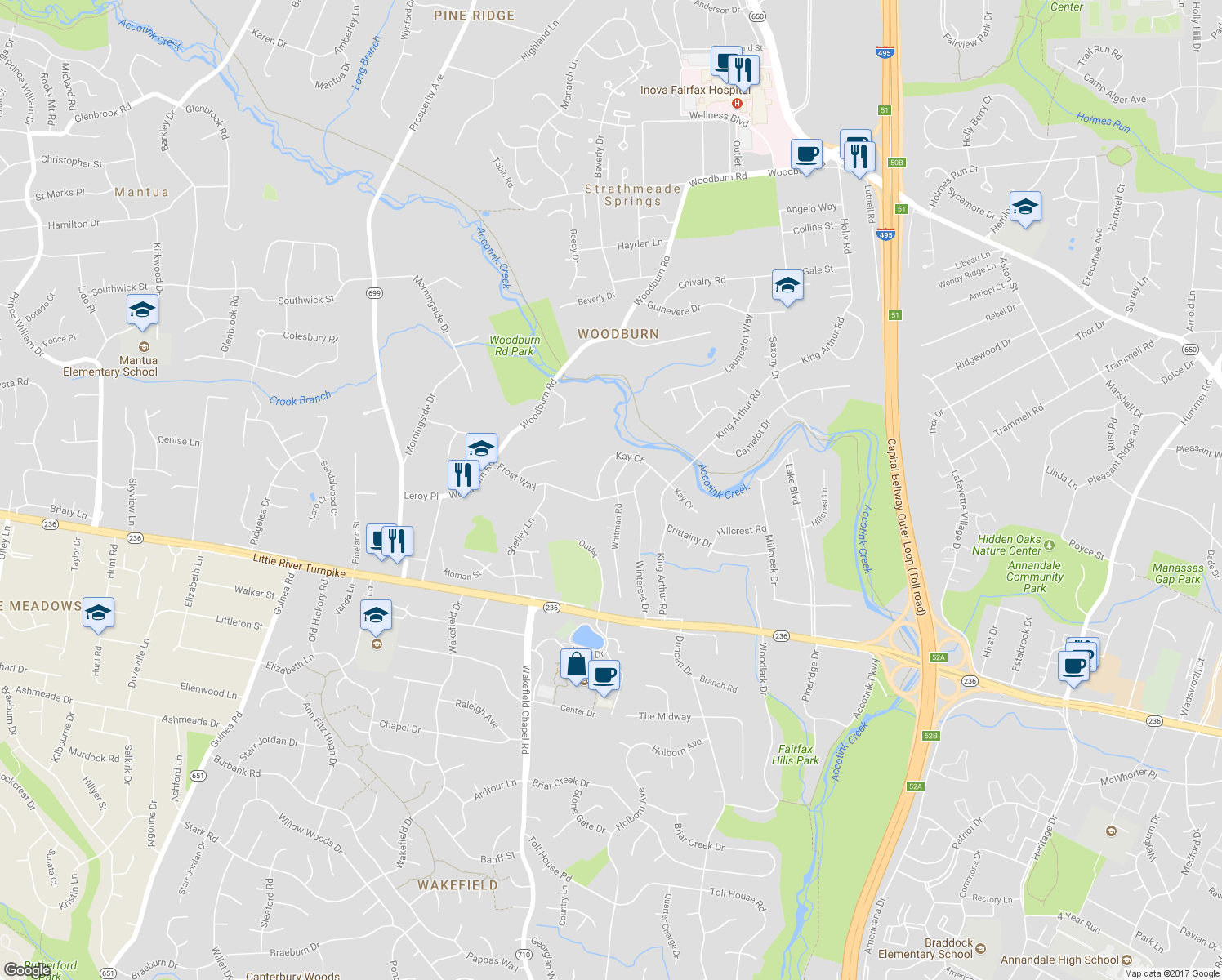 map of restaurants, bars, coffee shops, grocery stores, and more near 3812 Whitman Road in Annandale