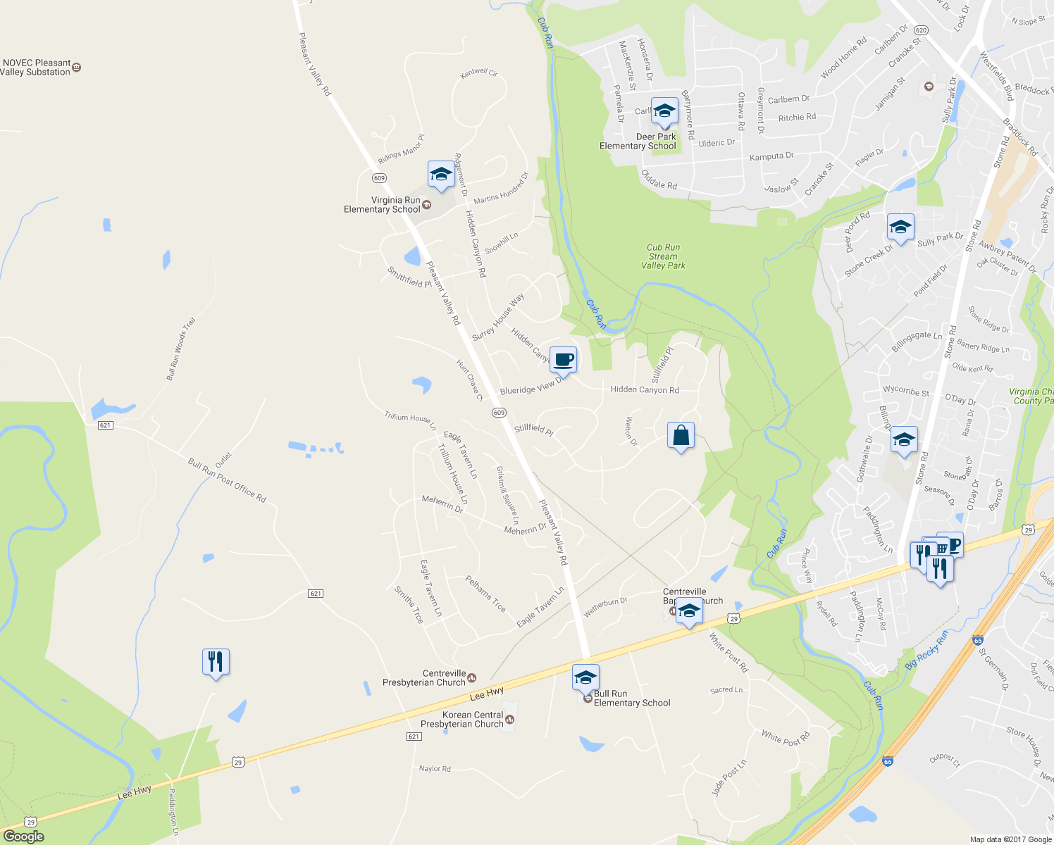 map of restaurants, bars, coffee shops, grocery stores, and more near 15188 Stillfield Place in Centreville