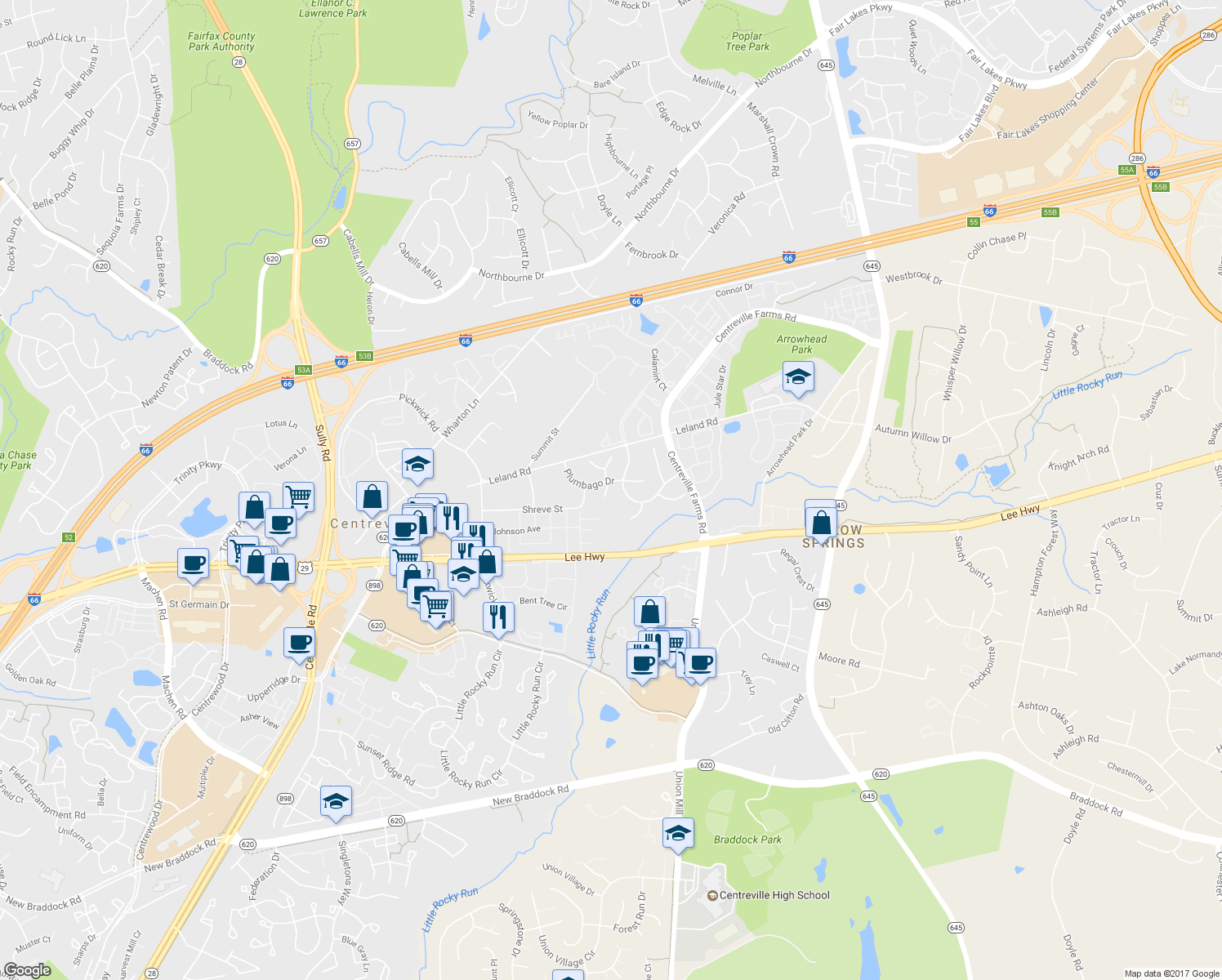 map of restaurants, bars, coffee shops, grocery stores, and more near 5515 Lavatera Court in Centreville