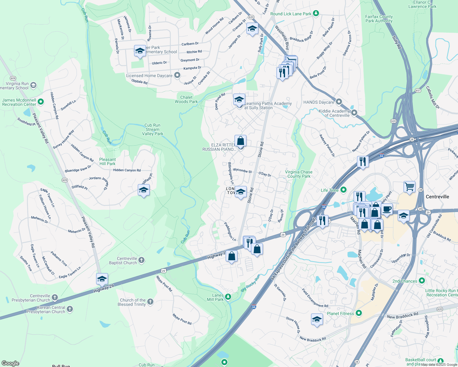 map of restaurants, bars, coffee shops, grocery stores, and more near 6068 Billingsgate Lane in Centreville