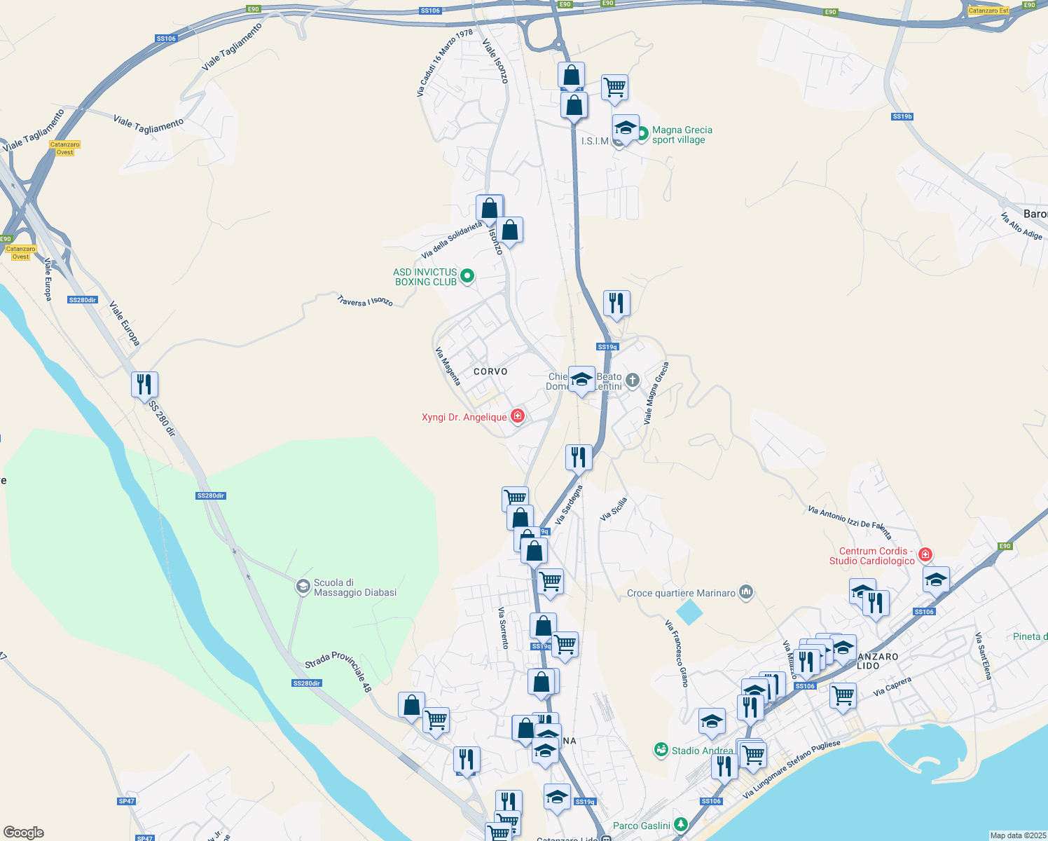 map of restaurants, bars, coffee shops, grocery stores, and more near 48 Via Brigata Catanzaro in Catanzaro