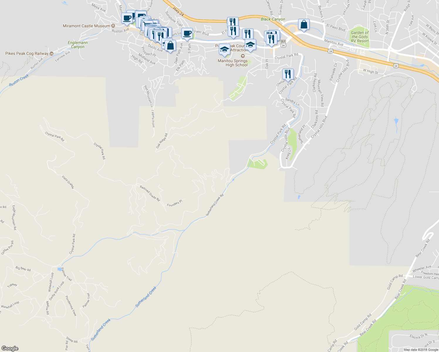 map of restaurants, bars, coffee shops, grocery stores, and more near 845 Crystal Park Road in Manitou Springs