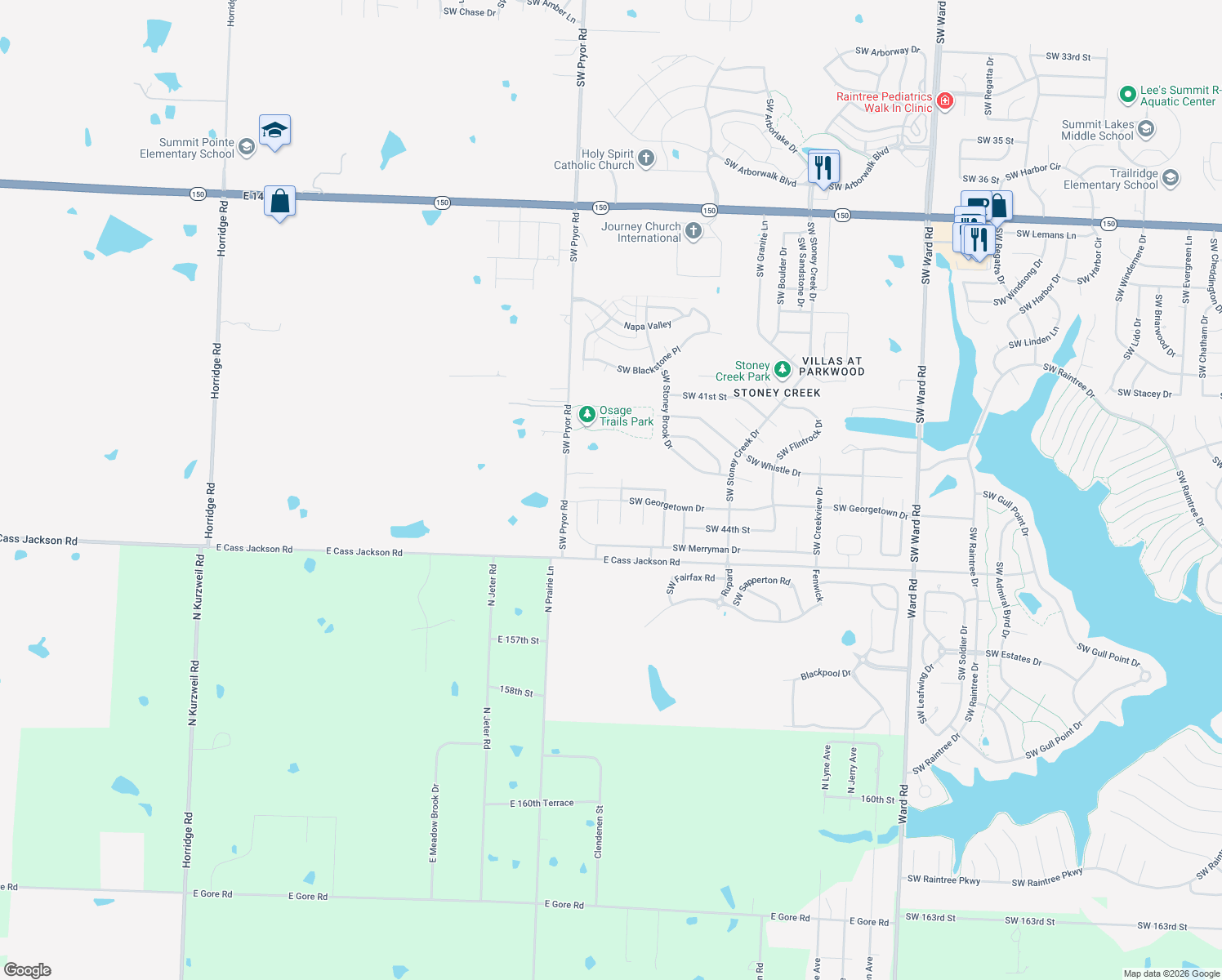 map of restaurants, bars, coffee shops, grocery stores, and more near 4301 Southwest Pryor Road in Lee's Summit