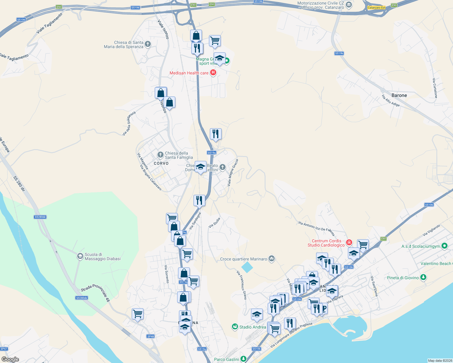 map of restaurants, bars, coffee shops, grocery stores, and more near 65 Via Teano in Catanzaro