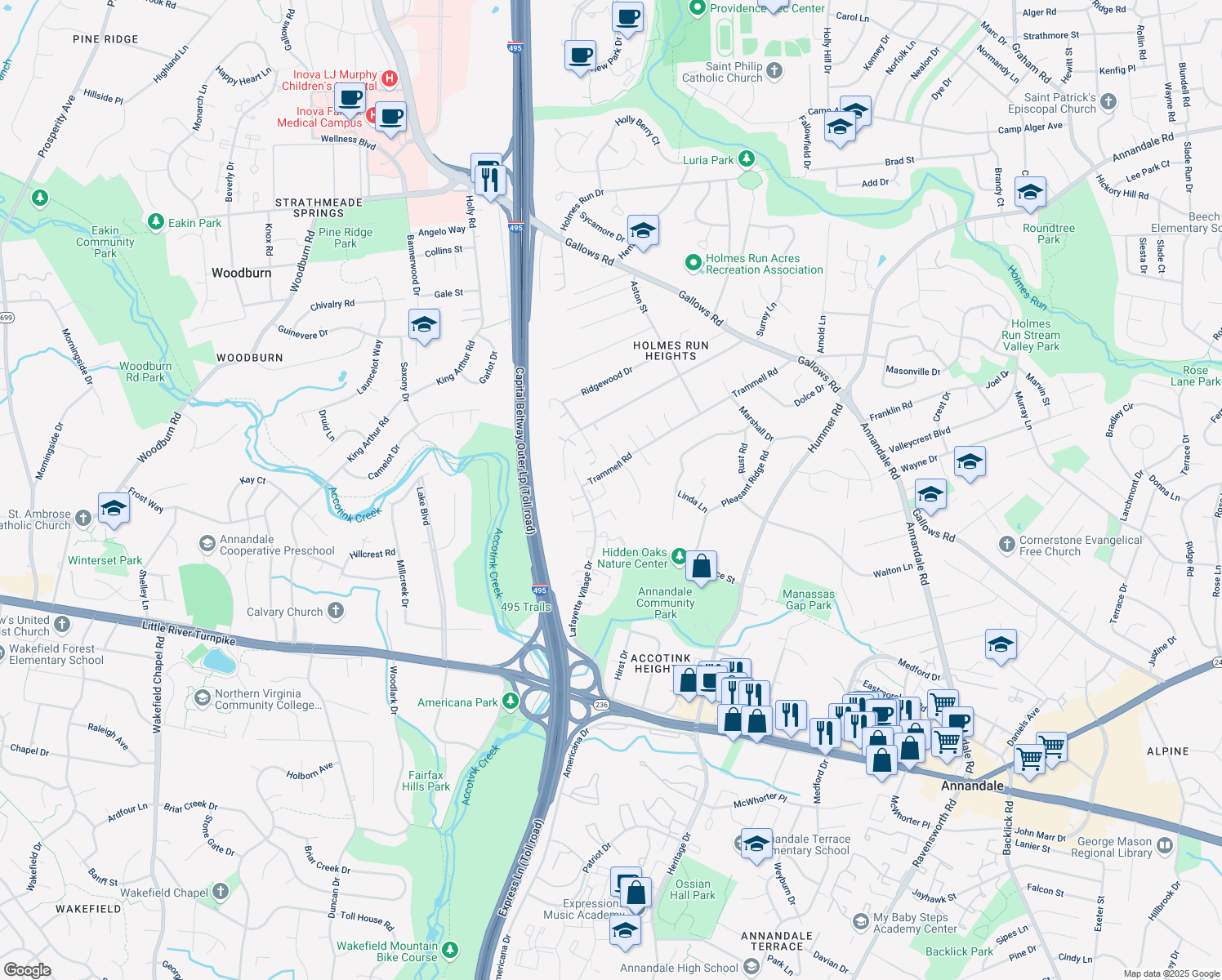 map of restaurants, bars, coffee shops, grocery stores, and more near 3735 Yorktown Village Pass in Annandale