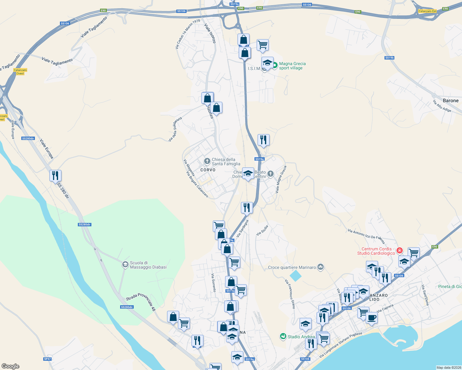 map of restaurants, bars, coffee shops, grocery stores, and more near 2 Via Brigata Catanzaro in Catanzaro