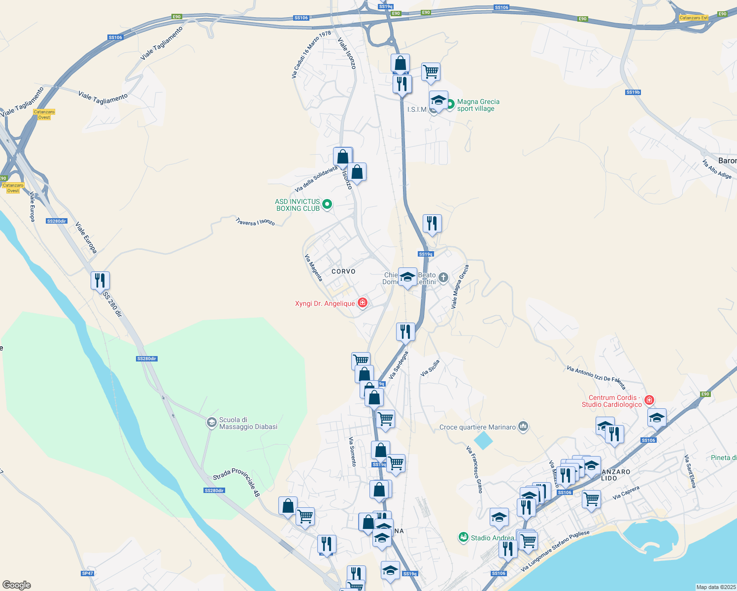 map of restaurants, bars, coffee shops, grocery stores, and more near 48 Via Brigata Catanzaro in Catanzaro