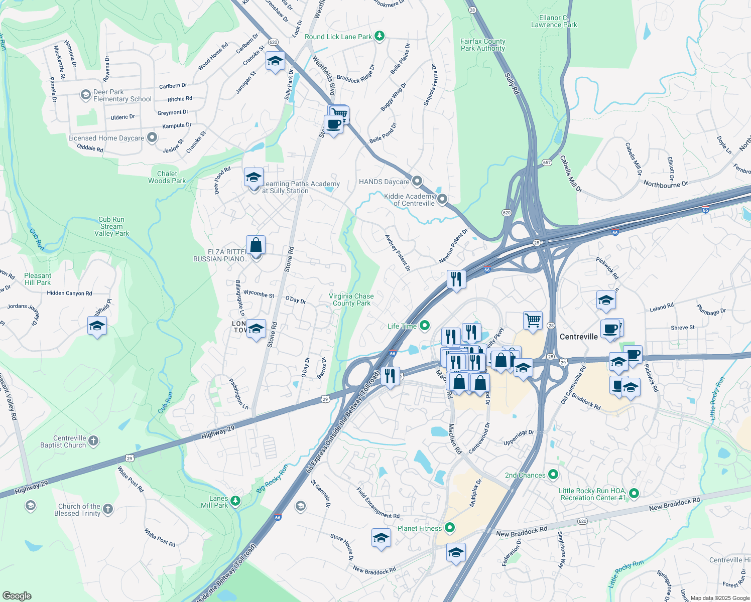 map of restaurants, bars, coffee shops, grocery stores, and more near 14422 Manassas Gap Court in Centreville