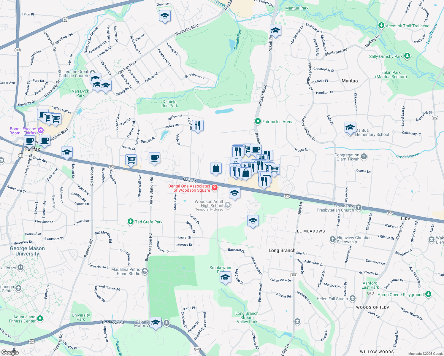 map of restaurants, bars, coffee shops, grocery stores, and more near 3987 Bradwater Street in Fairfax