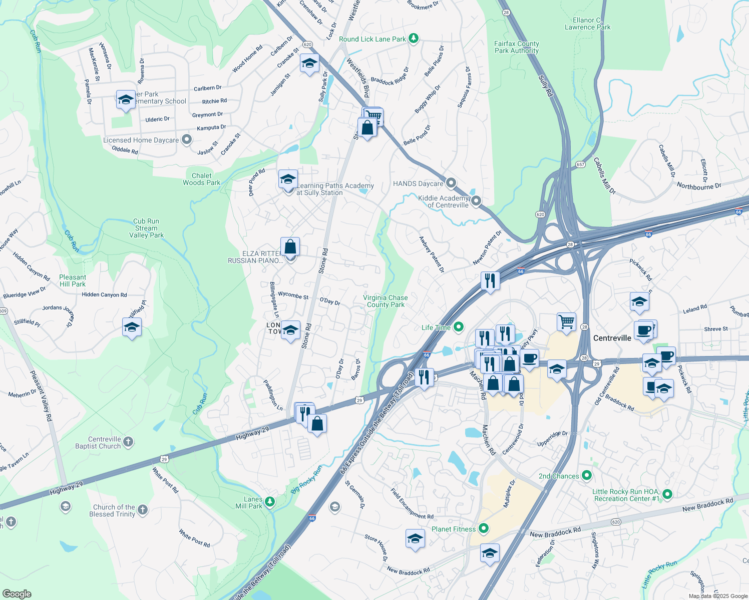 map of restaurants, bars, coffee shops, grocery stores, and more near 5925 Baron Kent Lane in Centreville