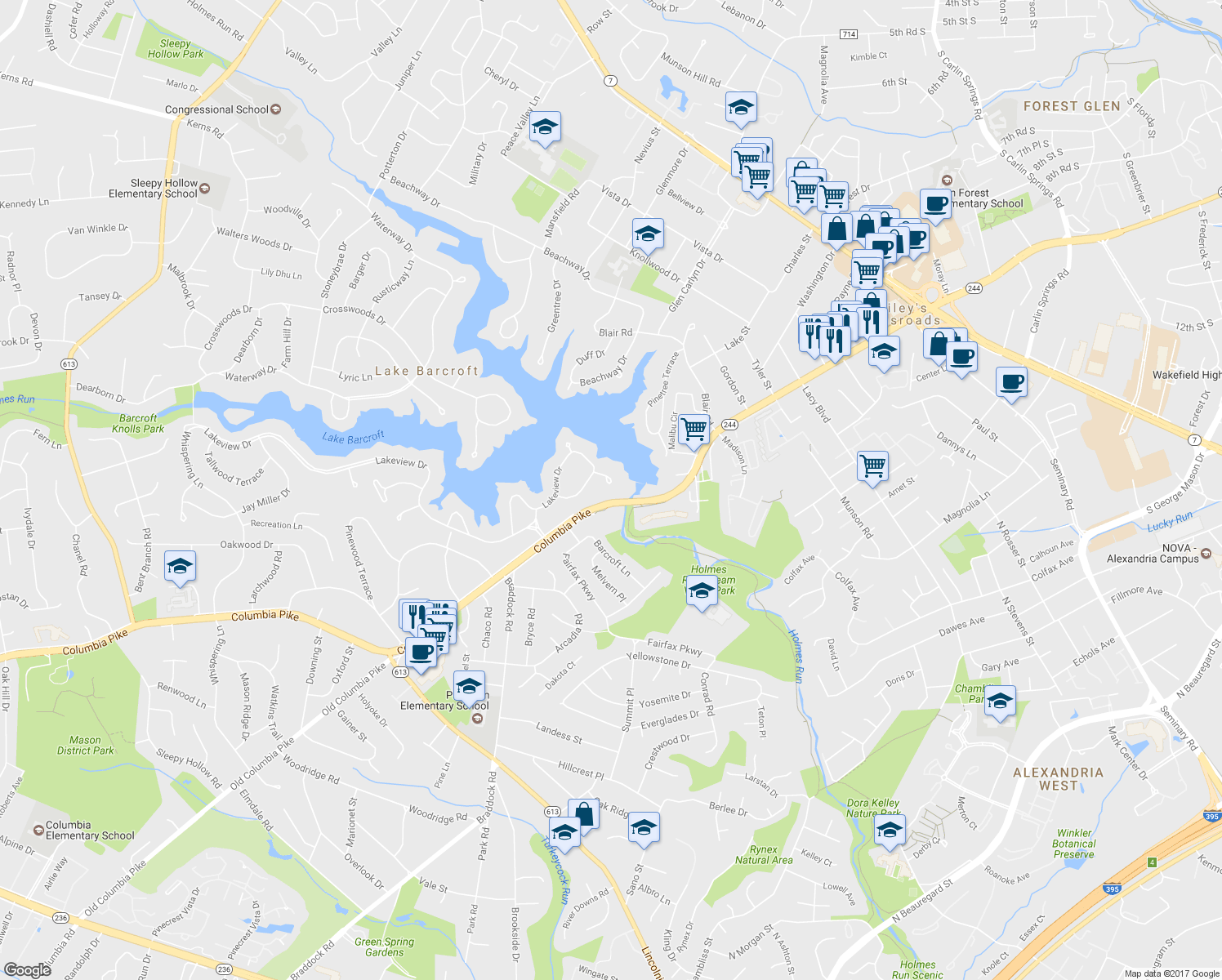 map of restaurants, bars, coffee shops, grocery stores, and more near 6203 Lakeview Drive in Falls Church