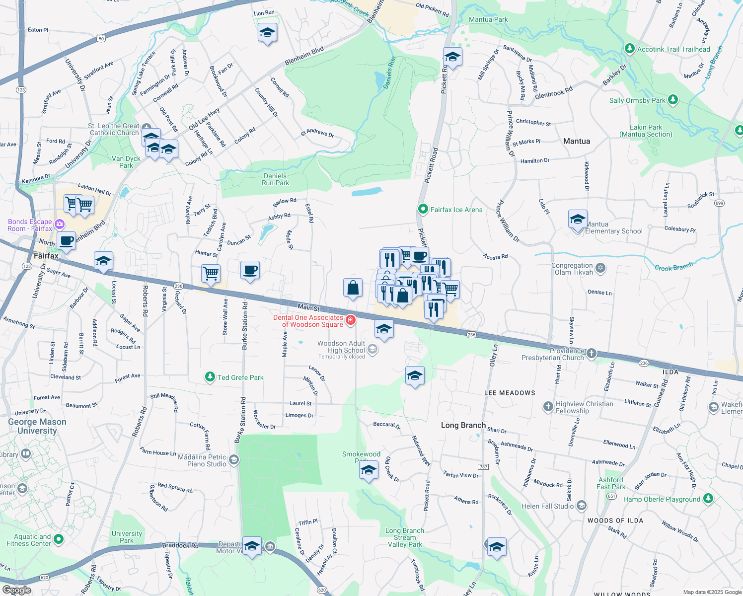 map of restaurants, bars, coffee shops, grocery stores, and more near 3958 Bradwater Street in Fairfax