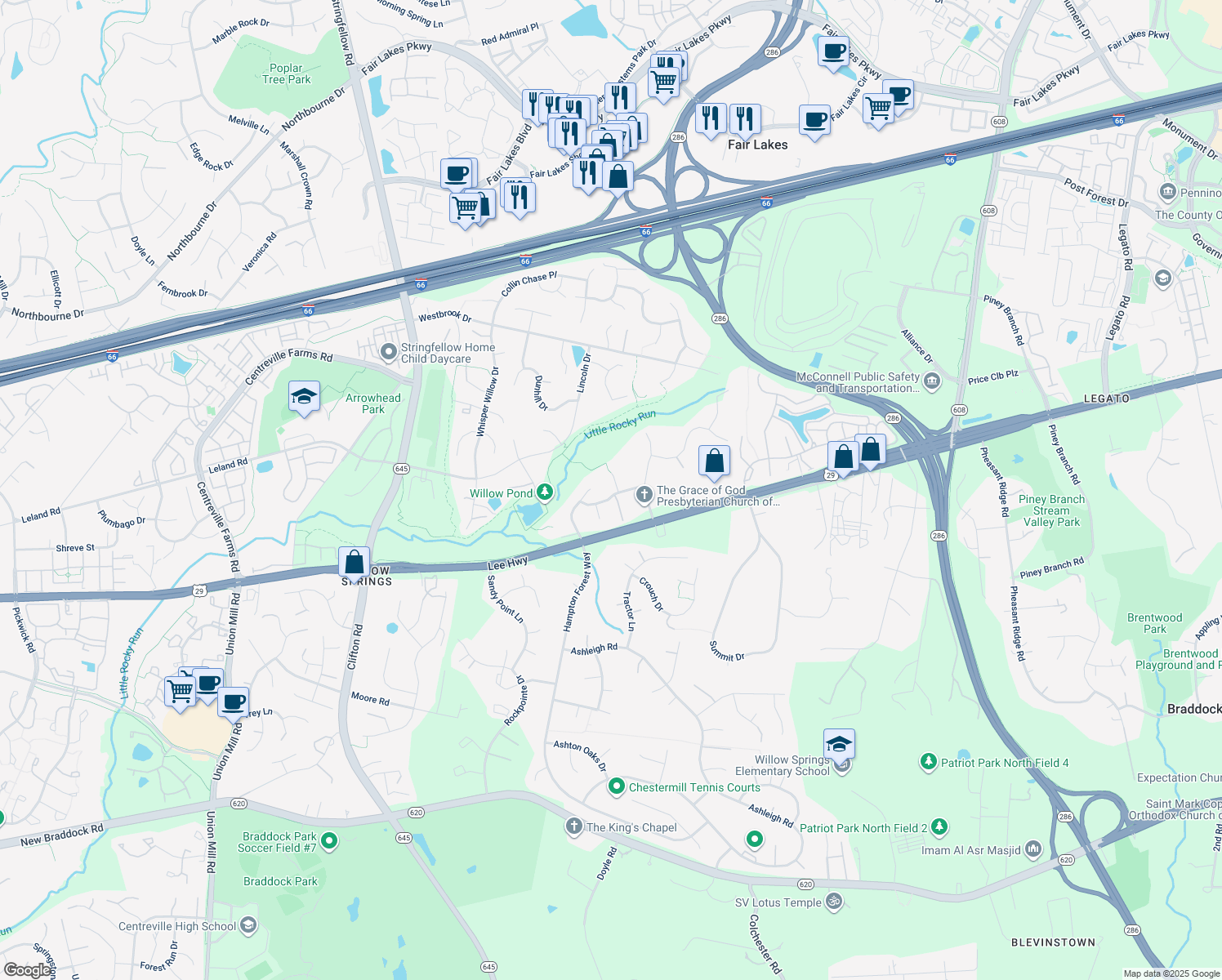 map of restaurants, bars, coffee shops, grocery stores, and more near 5260 Knight Arch Court in Fairfax