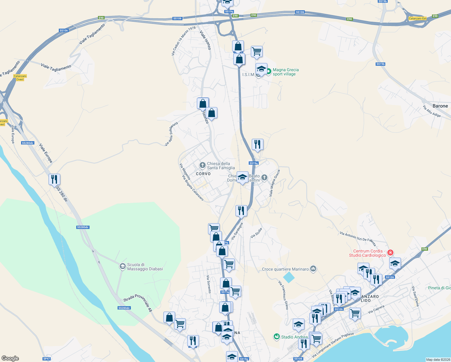 map of restaurants, bars, coffee shops, grocery stores, and more near 2 Via Brigata Catanzaro in Catanzaro