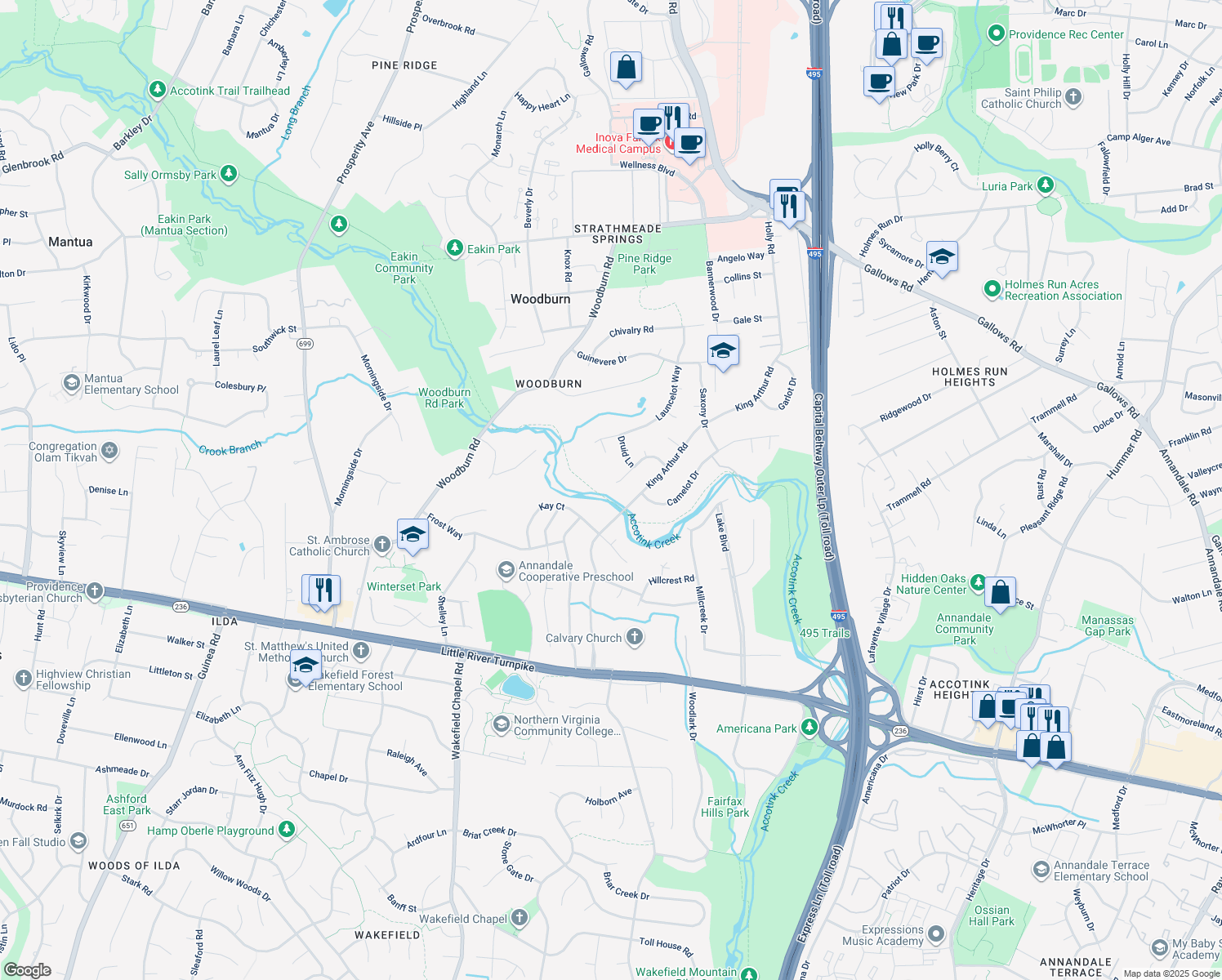 map of restaurants, bars, coffee shops, grocery stores, and more near 3723 Merlin Way in Annandale