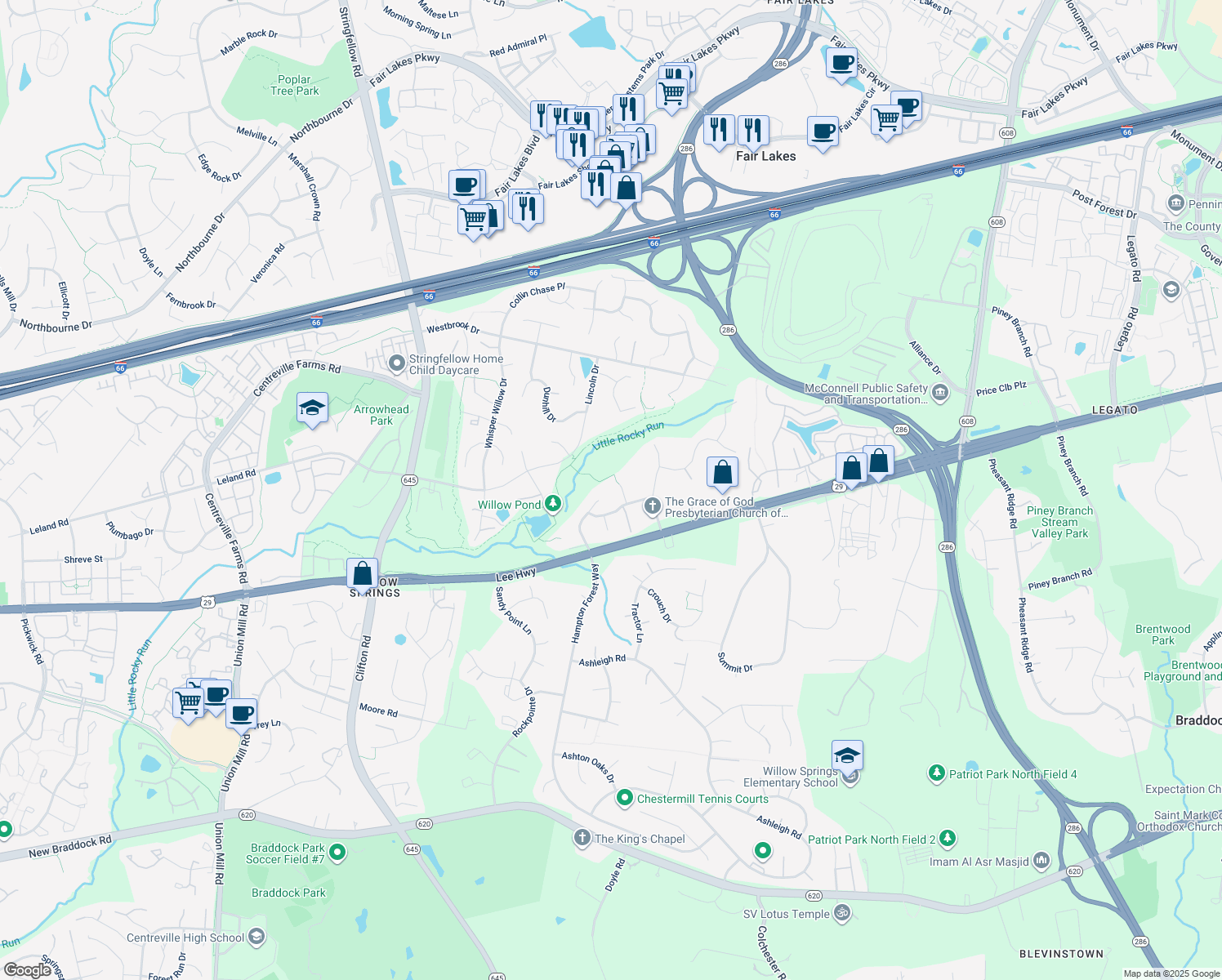 map of restaurants, bars, coffee shops, grocery stores, and more near 5256 Knight Arch Court in Fairfax