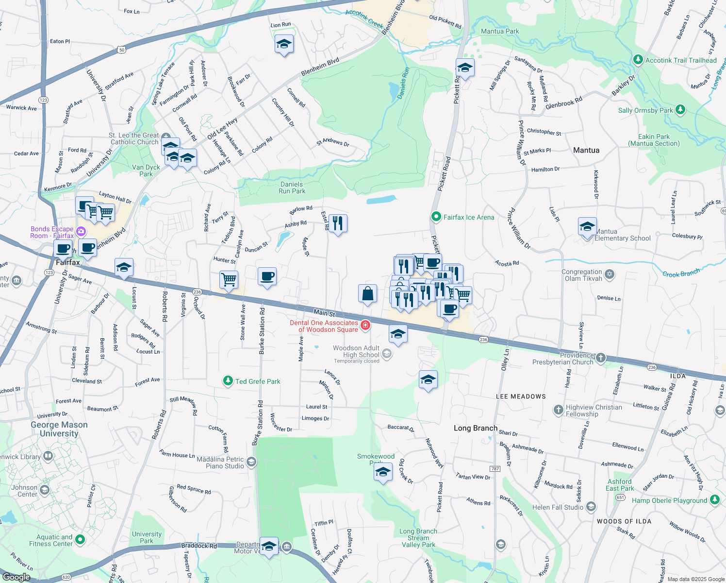 map of restaurants, bars, coffee shops, grocery stores, and more near 3947 Wilcoxson Drive in Fairfax