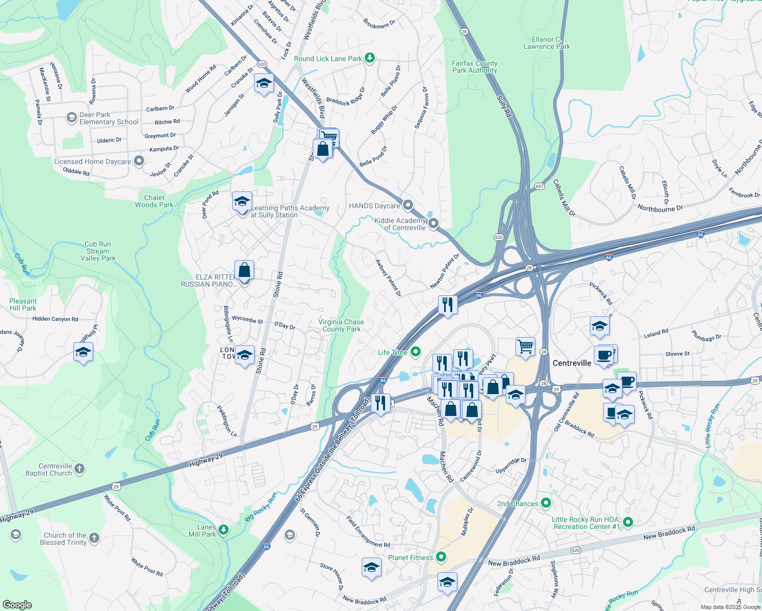 map of restaurants, bars, coffee shops, grocery stores, and more near 14485 Black Horse Court in Centreville