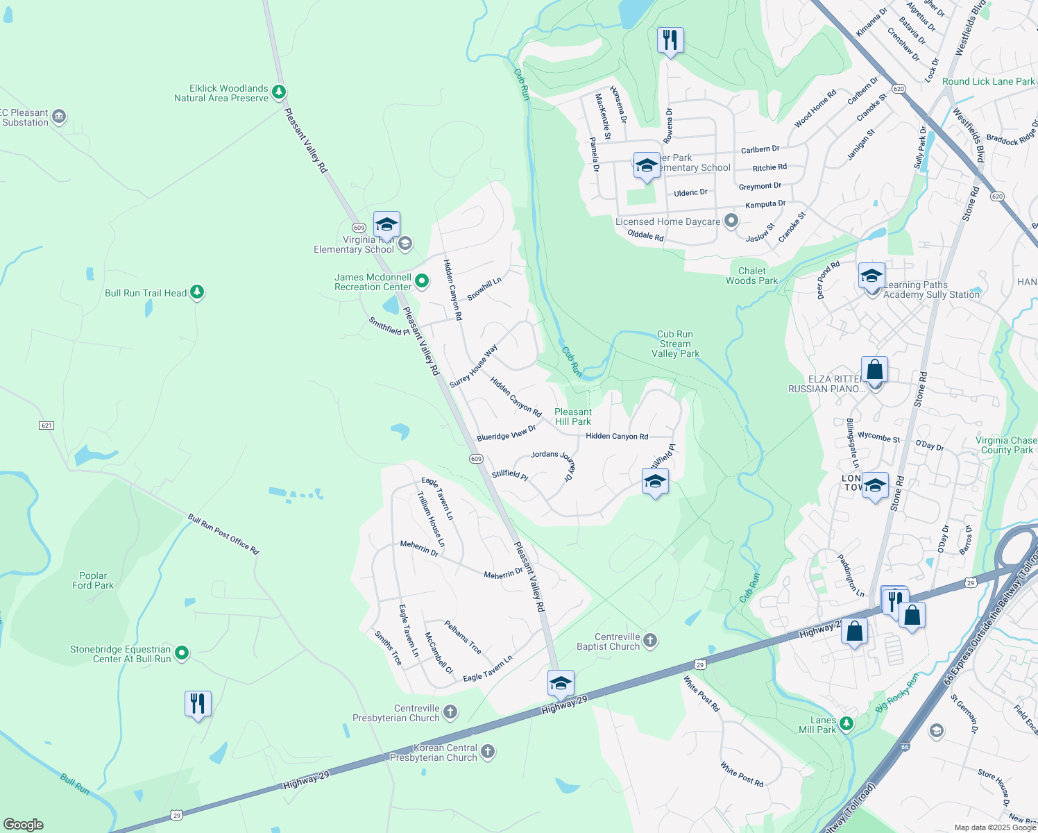 map of restaurants, bars, coffee shops, grocery stores, and more near 15303 Whispering Glen Court in Centreville