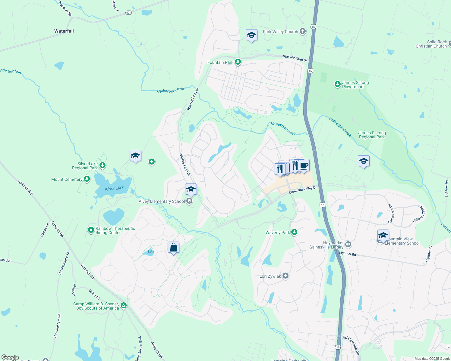 map of restaurants, bars, coffee shops, grocery stores, and more near 5252 Armour Court in Haymarket