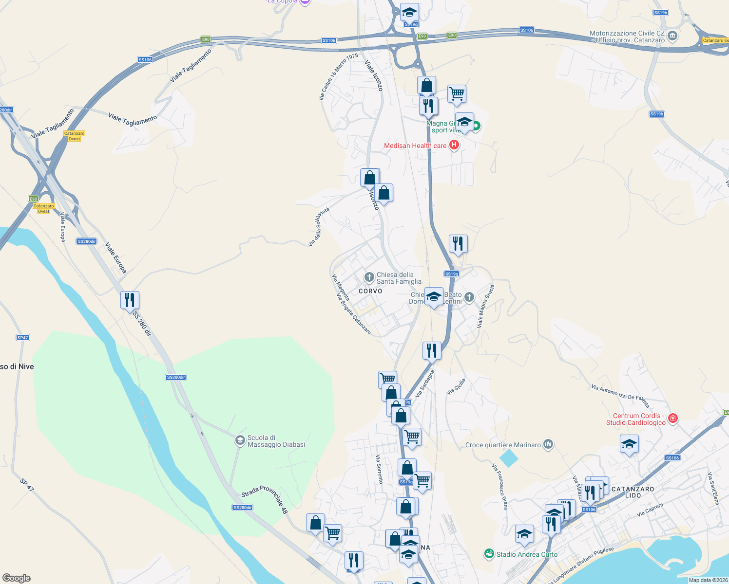 map of restaurants, bars, coffee shops, grocery stores, and more near 1b Via Bezzecca in Catanzaro